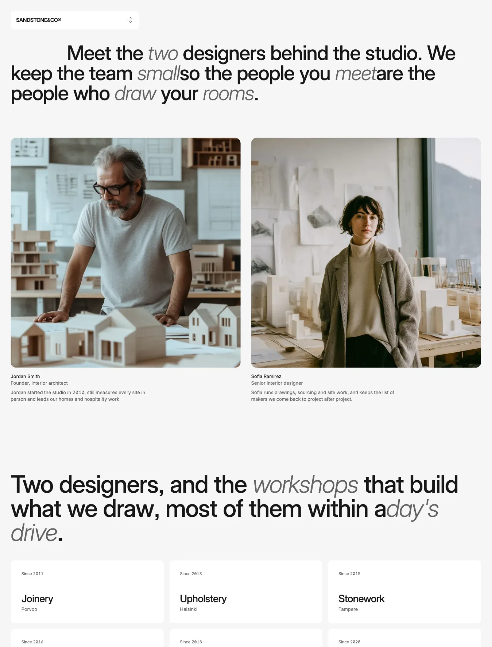 Sandstone team page with the two designers behind the studio, their portraits among architectural models, their roles and bios, and the workshops the studio builds with