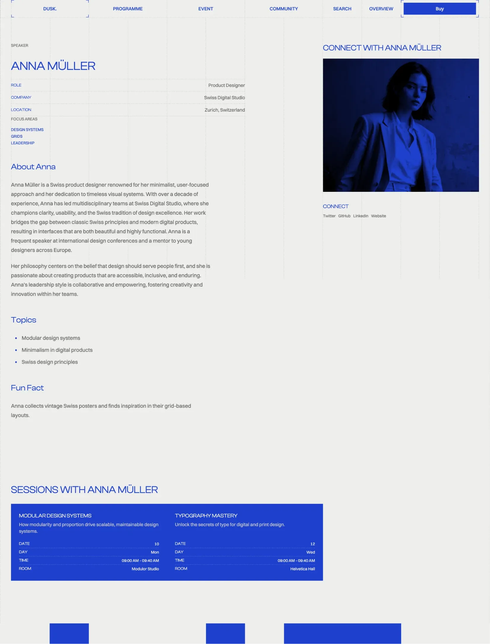 Dusk speaker profile for Anna Müller with her role, company and city, her bio and topics, and her sessions