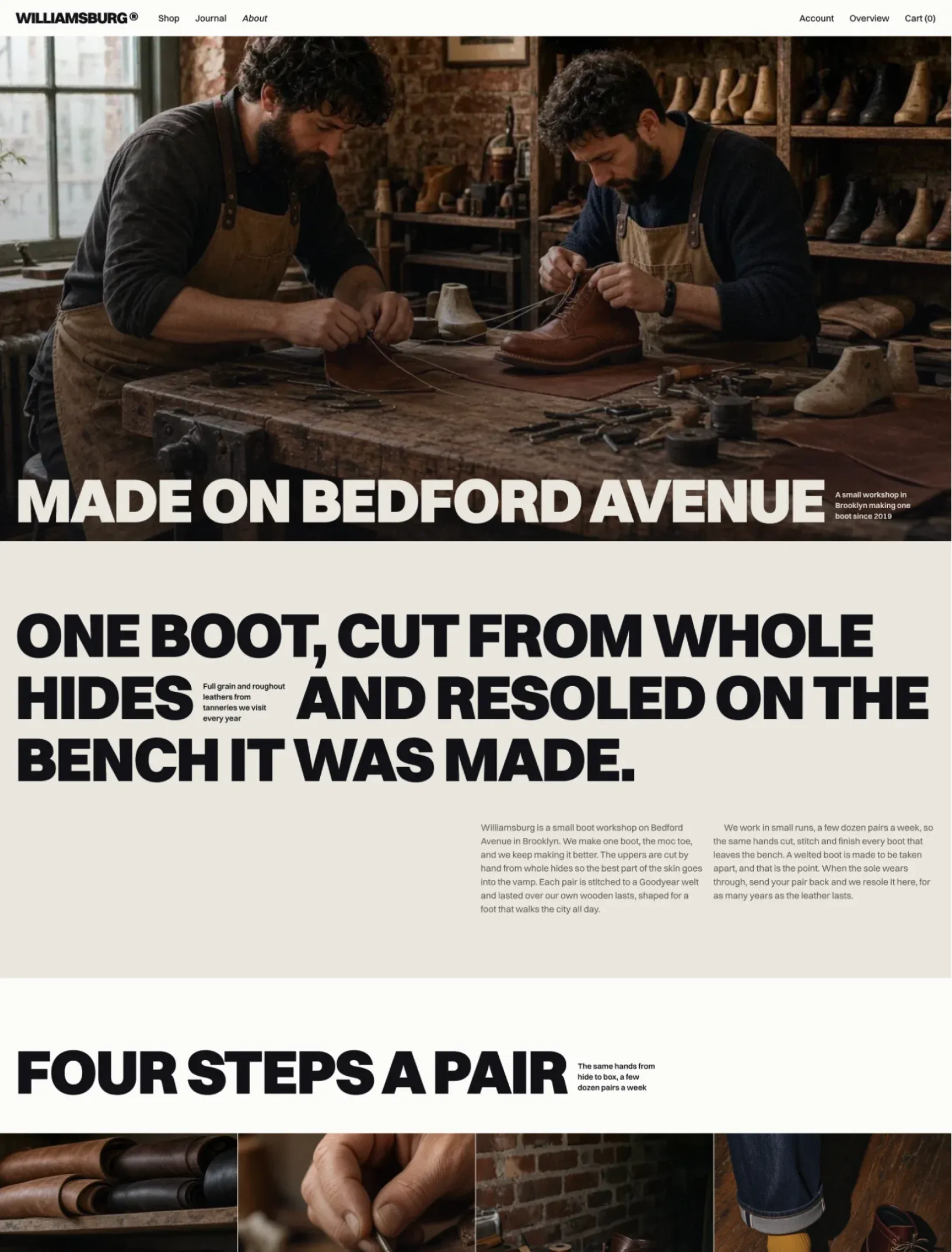 Williamsburg about page with Made on Bedford Avenue over a photo of two shoemakers at the bench, the story in two short paragraphs and Four steps a pair