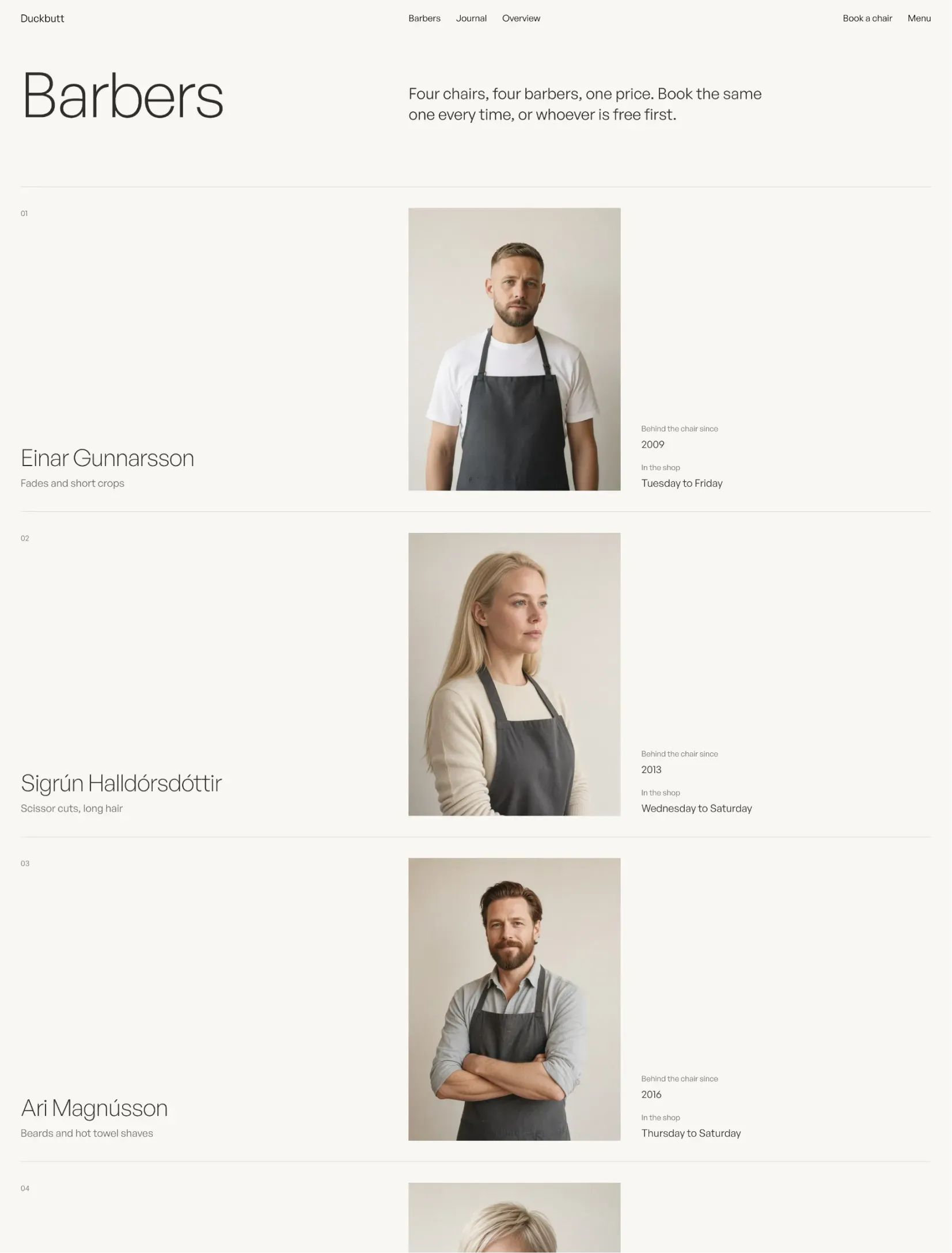 Duckbutt barbers page with portraits, specialties and the days each barber is in the shop
