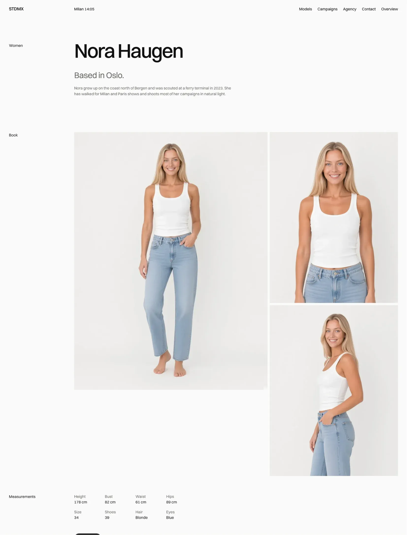 Studiomax model profile for Nora Haugen with her bio, the full length, front and turned shots, and her measurements