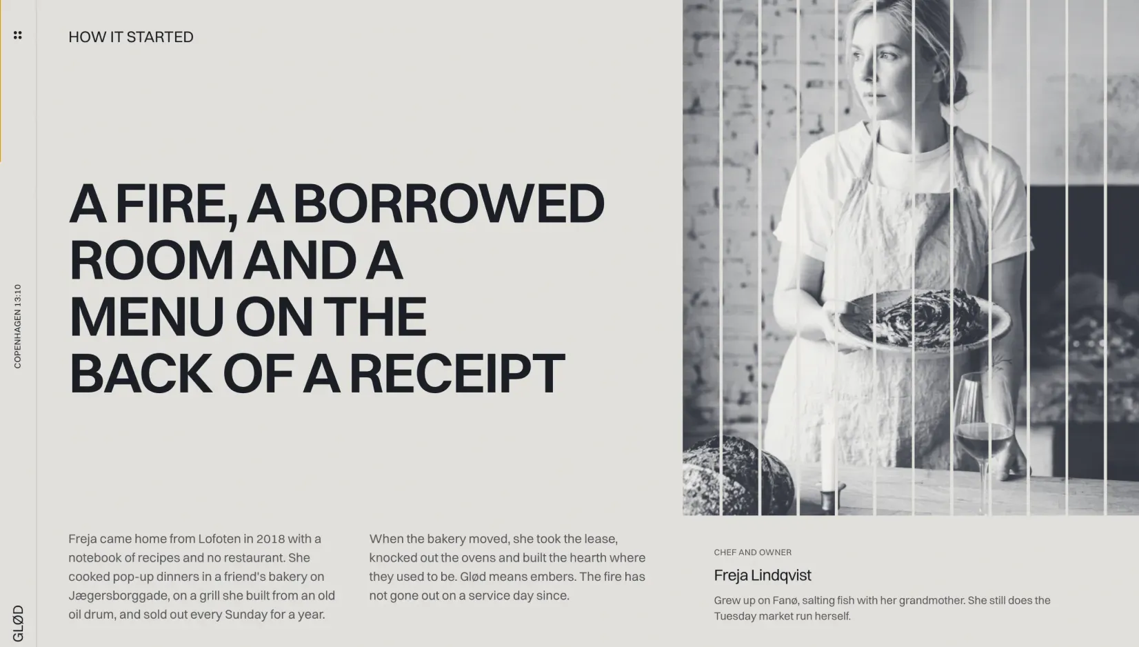Ottis story page with a large uppercase headline, two columns of text and a chef portrait