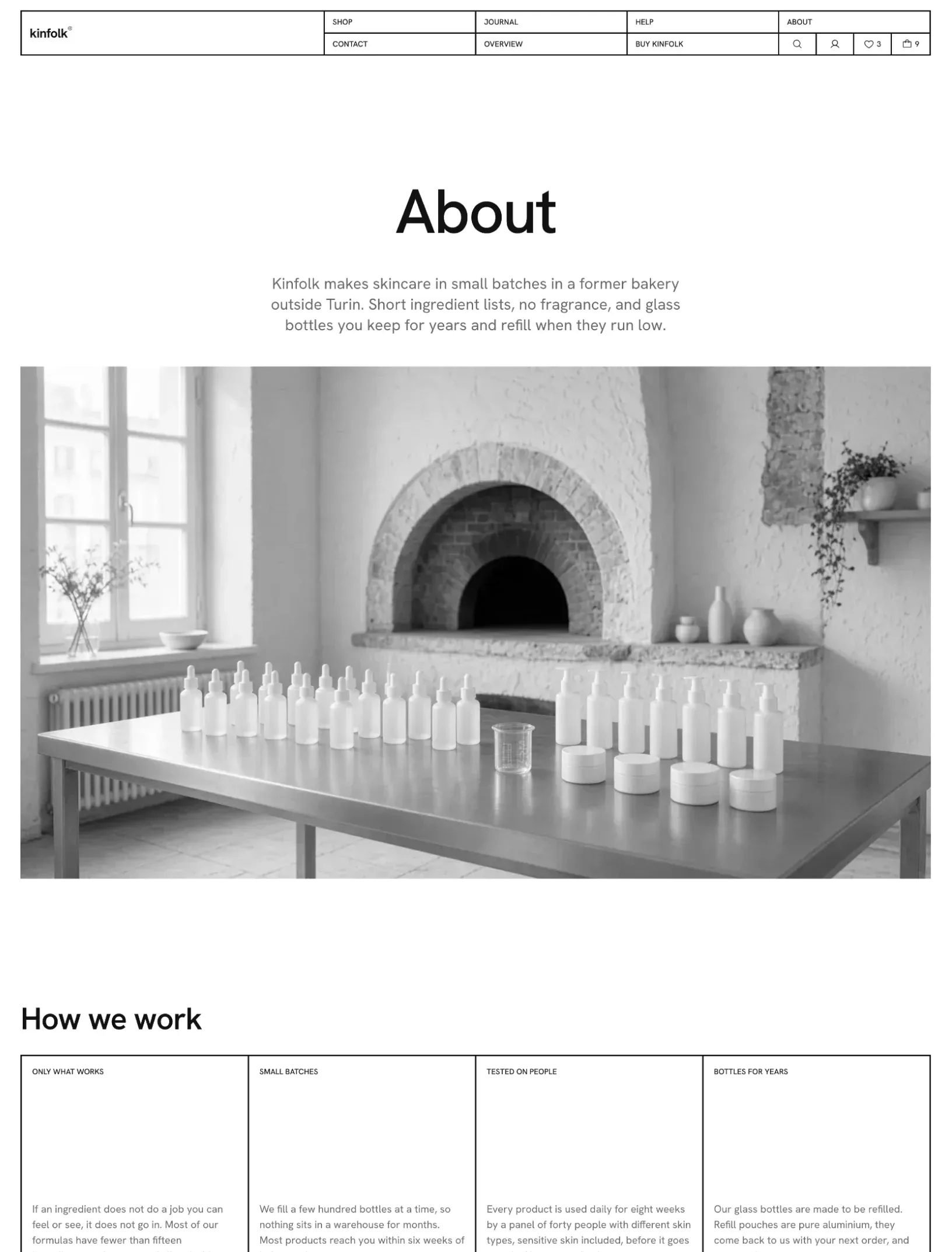 Kinfolk about page with the story under the title, a wide photo of bottles and jars on a steel table in front of an old bakery oven, and How we work in four bordered cells