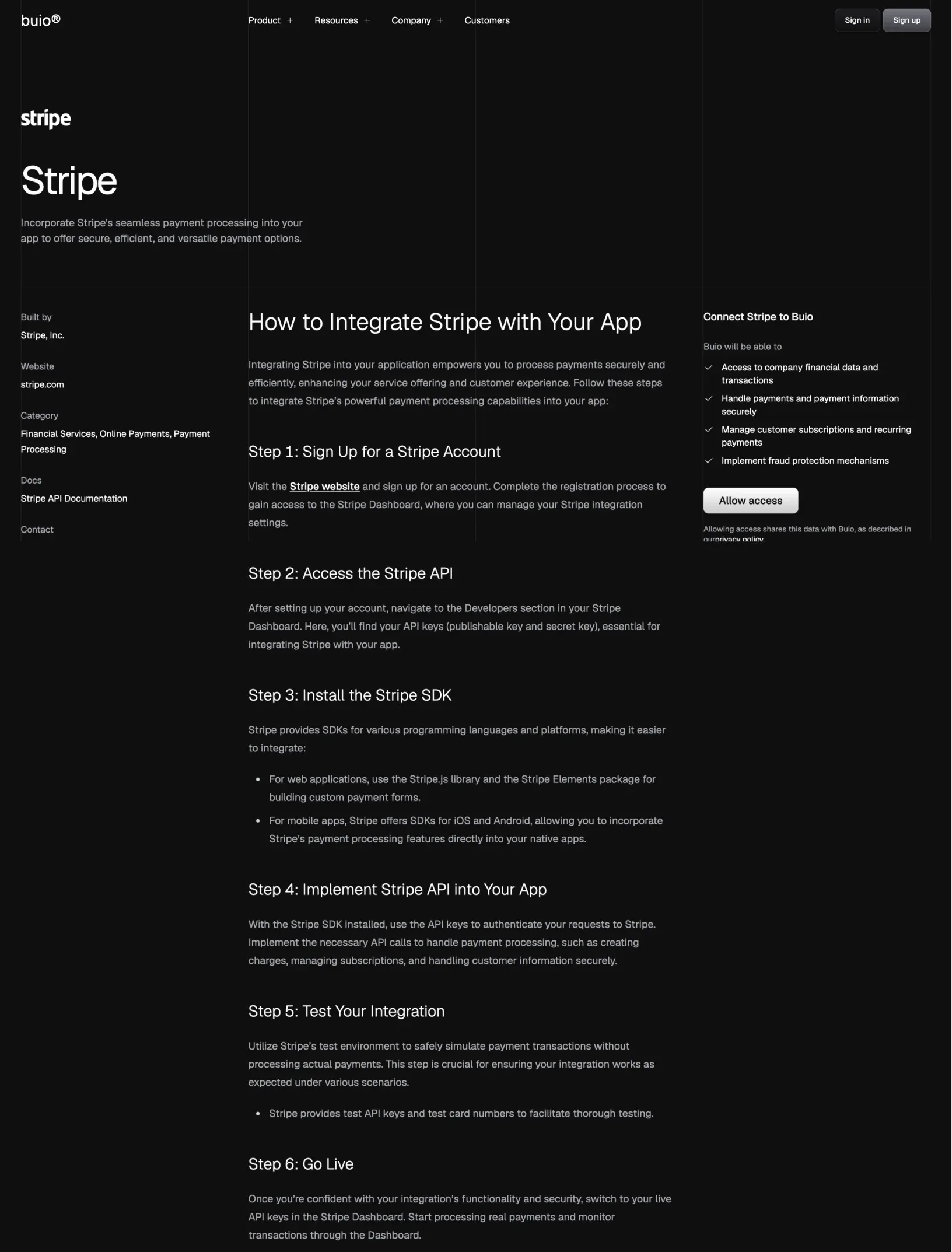 Buio integration page for Stripe with its details sidebar, the setup steps and a panel listing what Buio can access