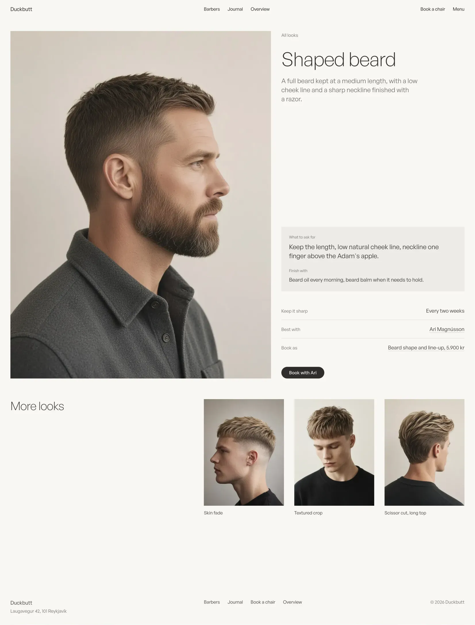 Duckbutt look page for a shaped beard with what to ask for, the finish and the barber to book