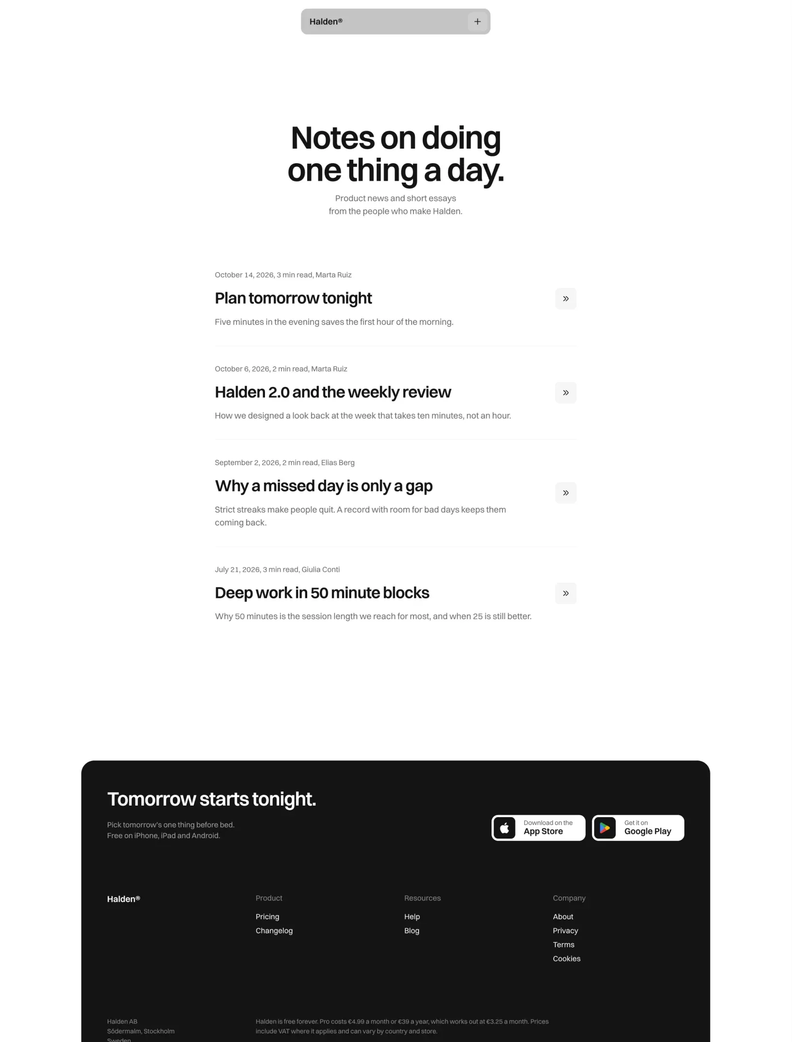 Halden blog with dated posts and authors in ruled rows, above the dark download footer