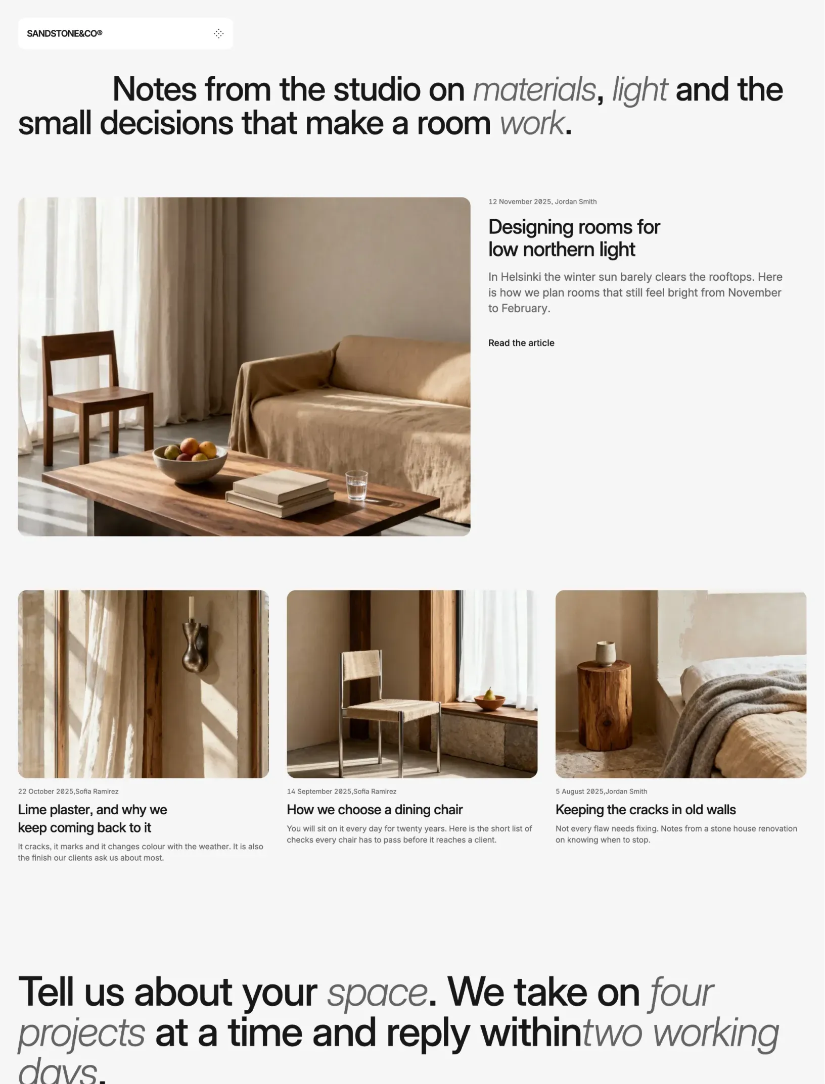 Sandstone journal with a featured post on designing rooms for low northern light, three more posts on lime plaster, dining chairs and old walls, and the closing statement
