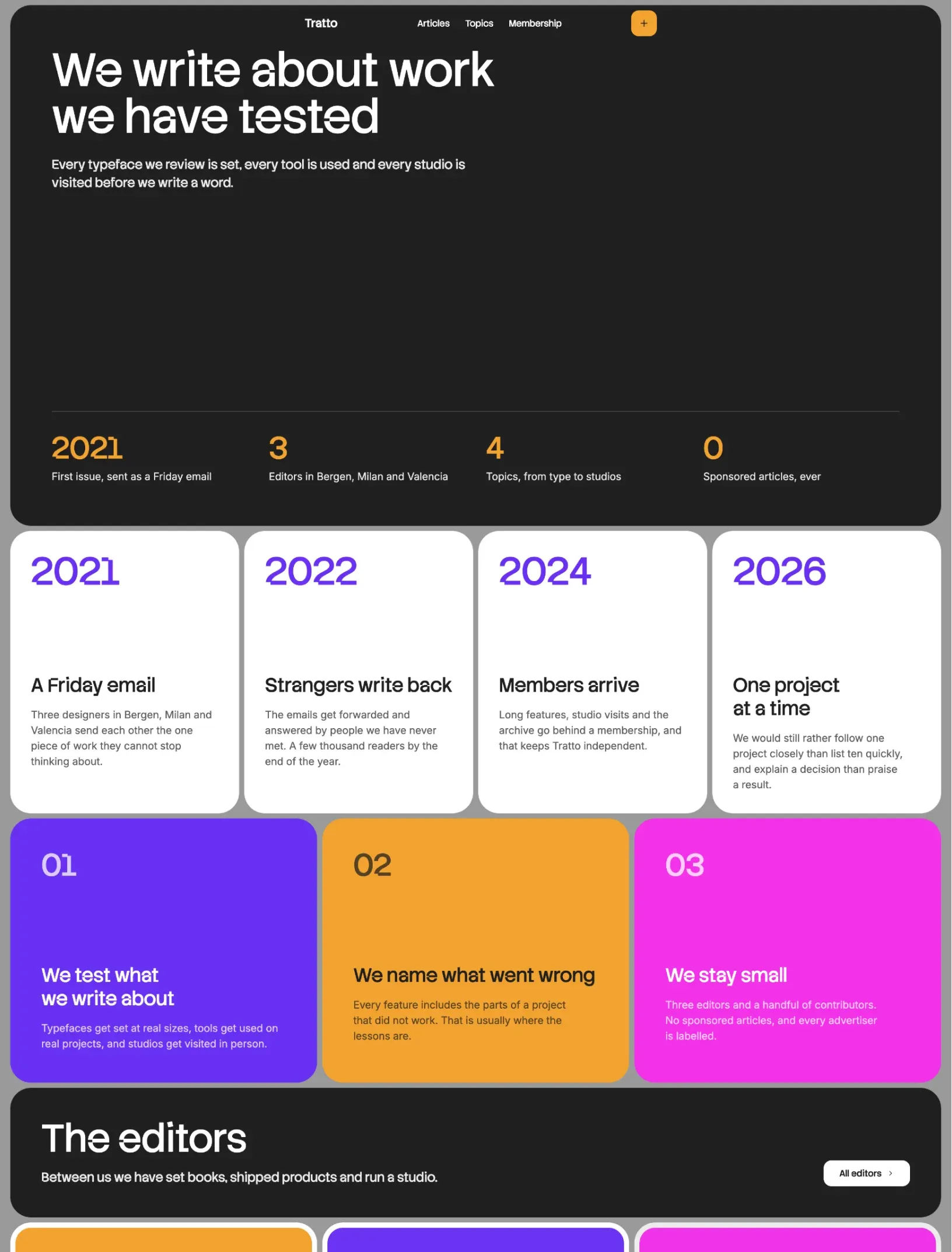 Snowpeak about page with a numbers row, milestone cards by year, three coloured principles and the editors