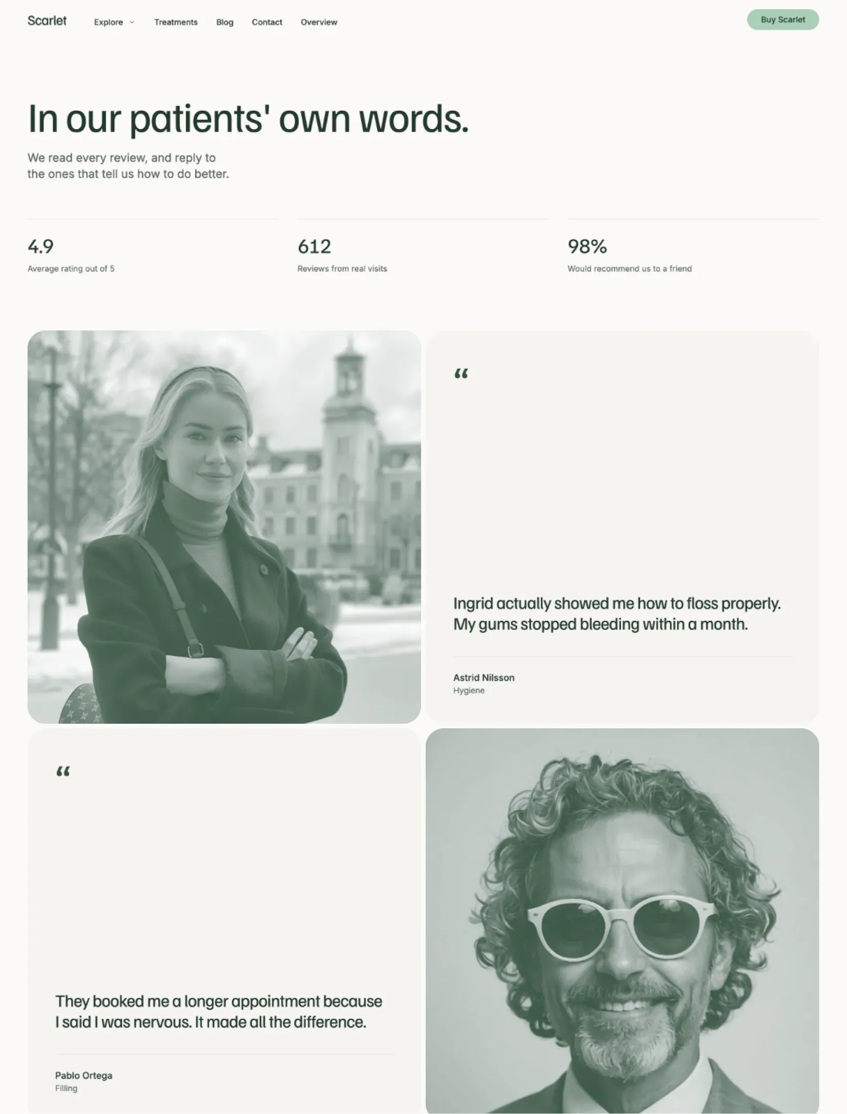 Scarlet patient reviews in a zigzag layout
