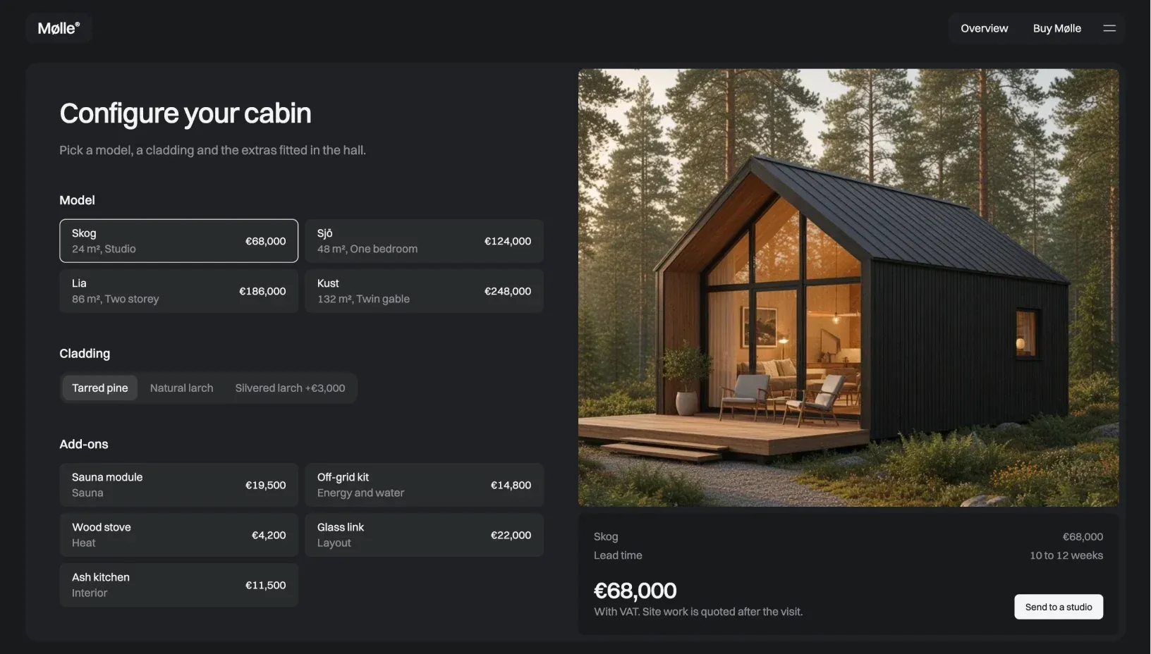 Mølle cabin configurator with model, cladding and add-on choices beside a photo of Skog and a running total