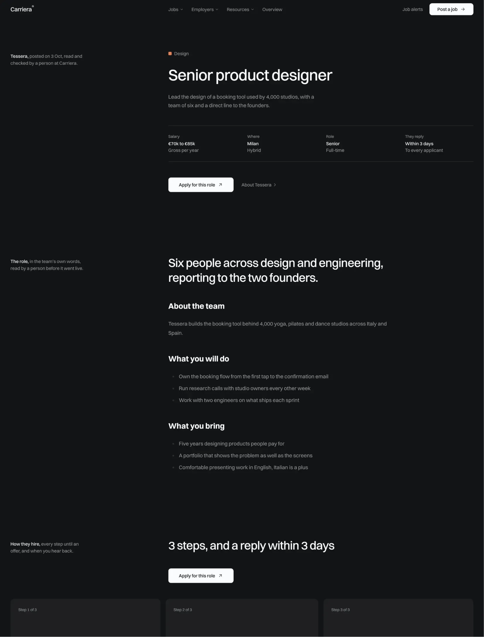 Carriera job page for a senior product designer at Tessera with the salary, place, level and reply time, the role description and the hiring steps