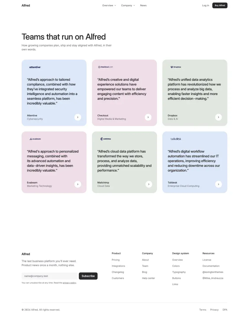 Alfred customers index with quote cards