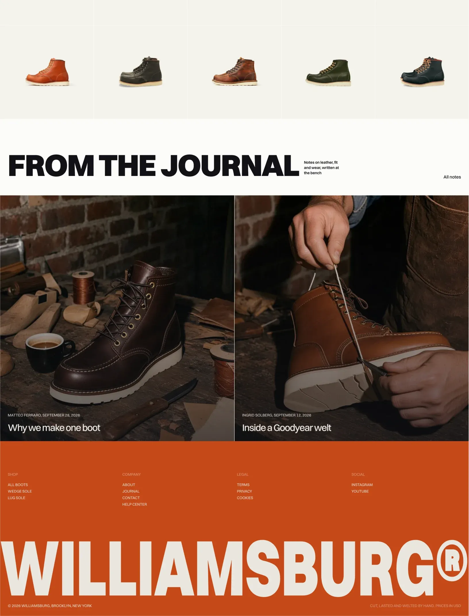 Williamsburg home with two journal cards over workshop photos and the rust footer with shop, company, legal and social links under a full width wordmark