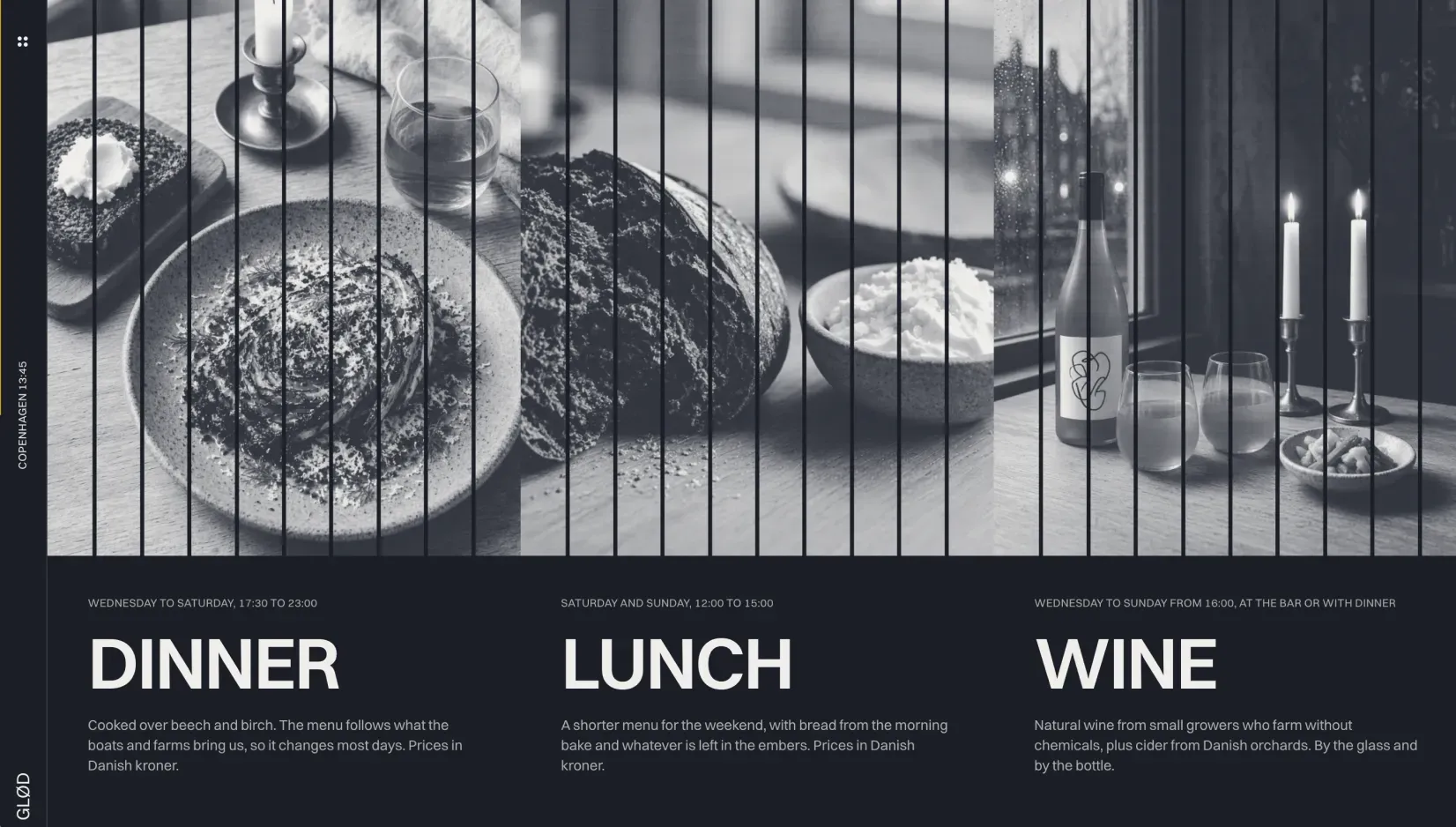 Ottis menus page with dinner, lunch and wine as three photo columns on a dark ground