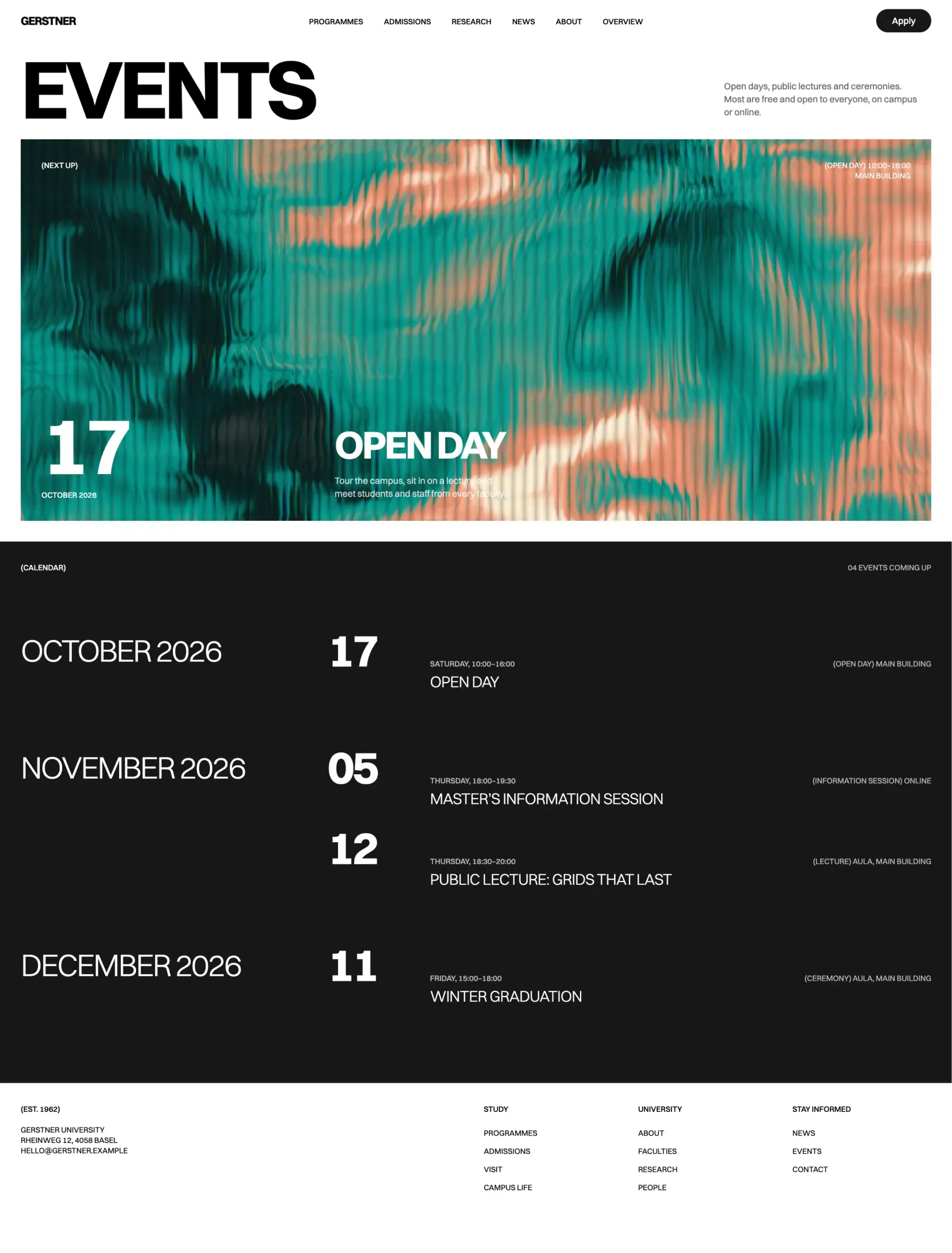 Gerstner events page with an open day poster and dark event calendar