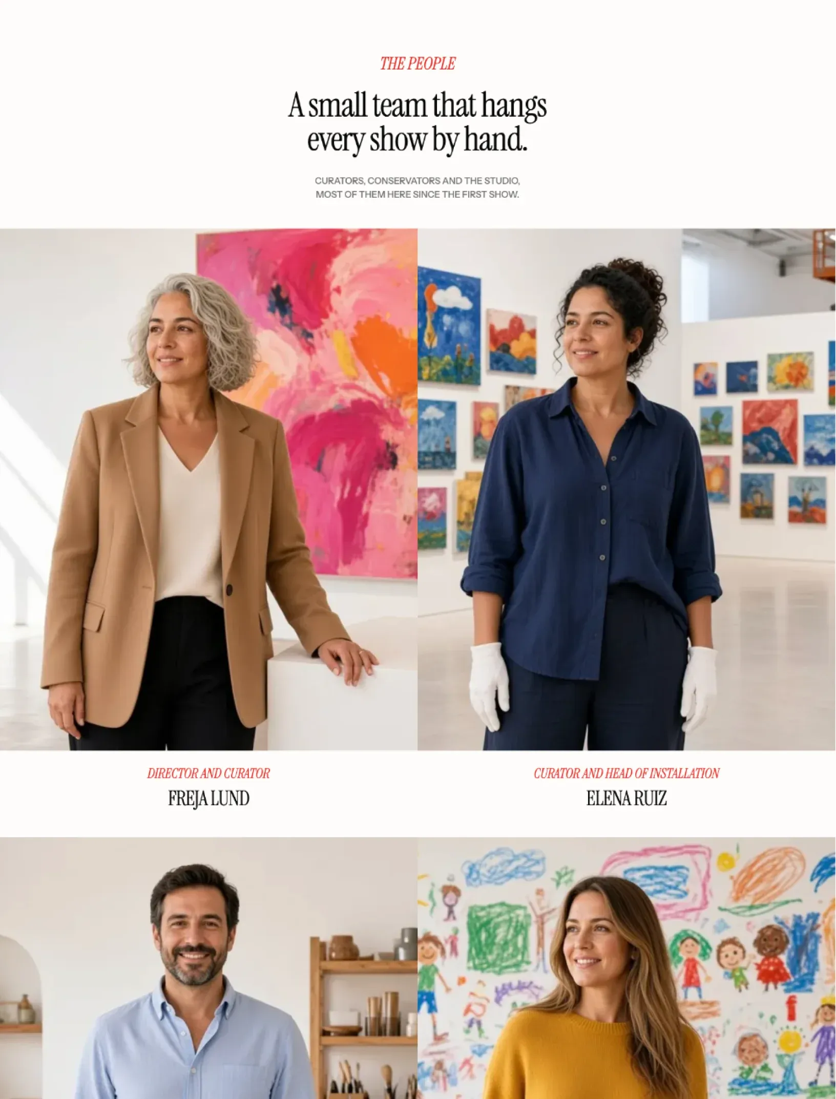 Offcut about page with the team section, full width portraits of the director and the head of installation in bright galleries, each with a red role and their name below