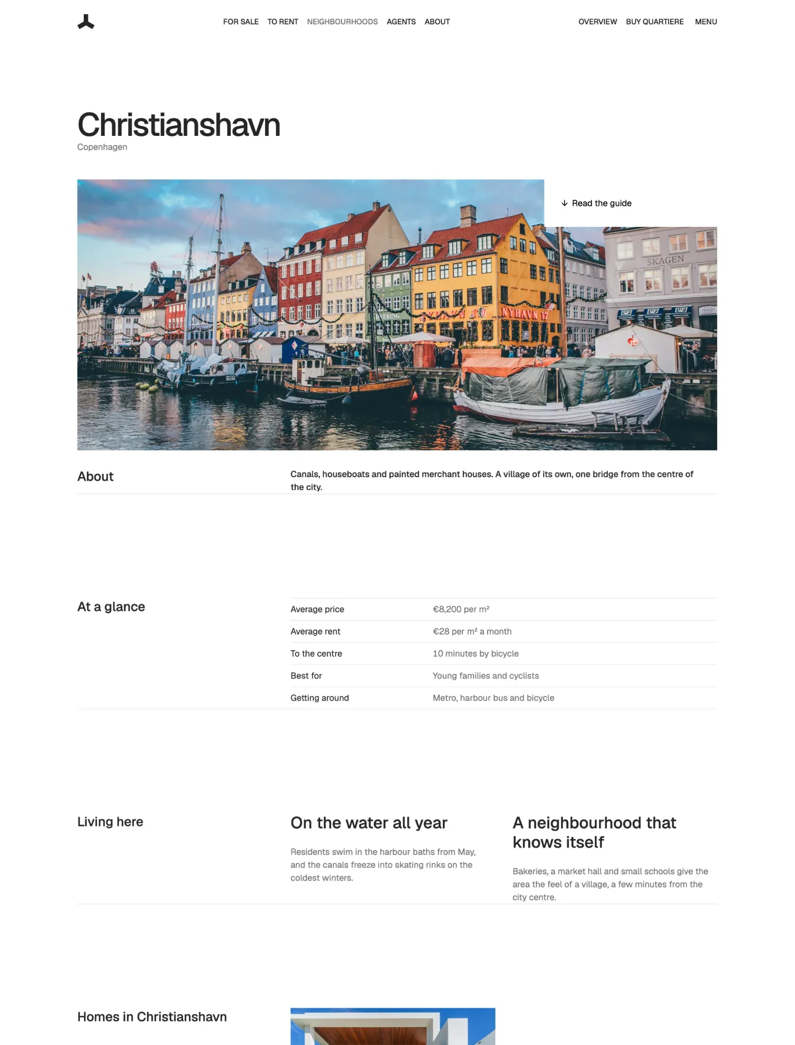 Quartiere neighbourhood guide for Christianshavn with colourful harbour houses, a Read the guide link, At a glance and Living here