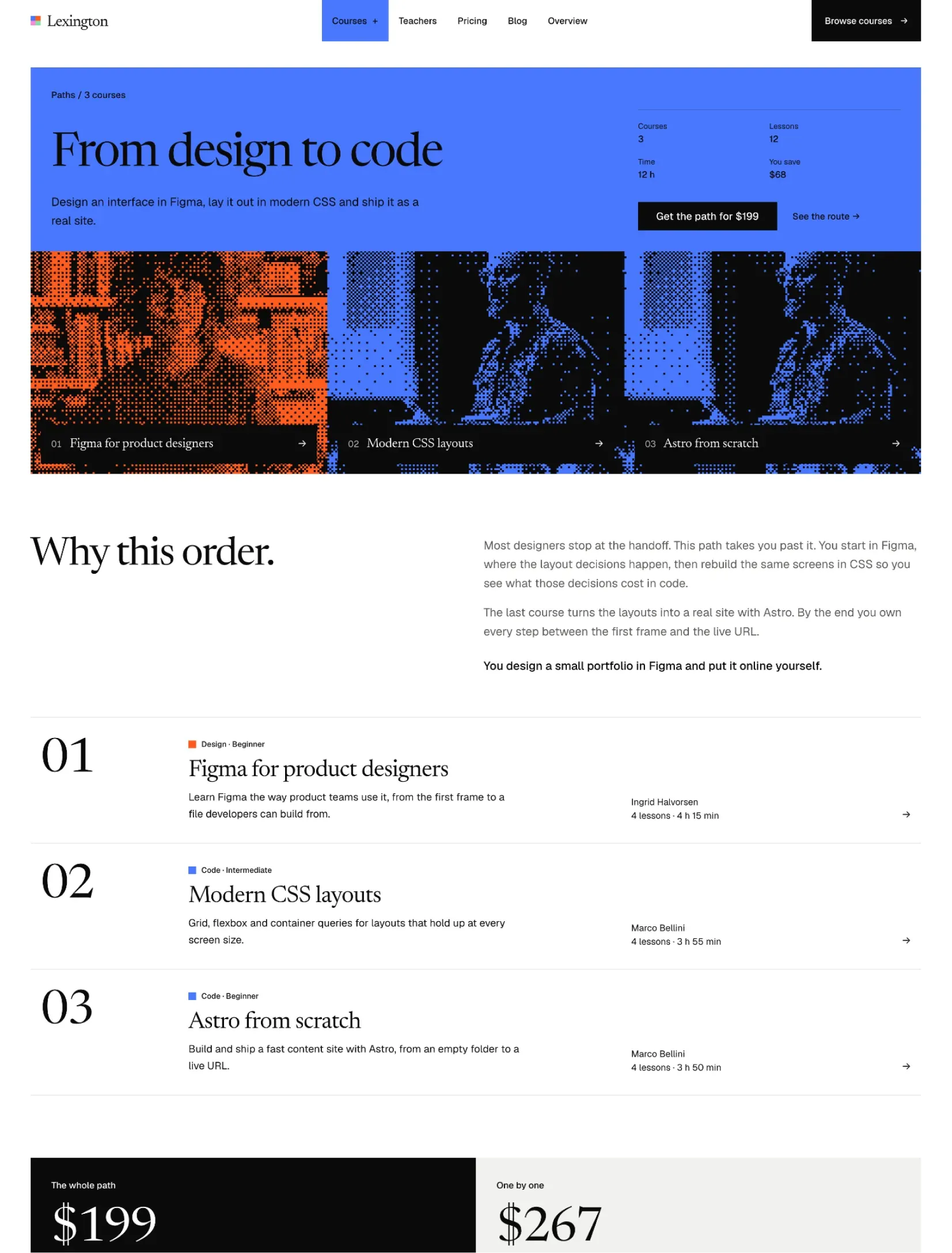 Enlightr learning path page with the route as dithered teacher tiles and the courses in order