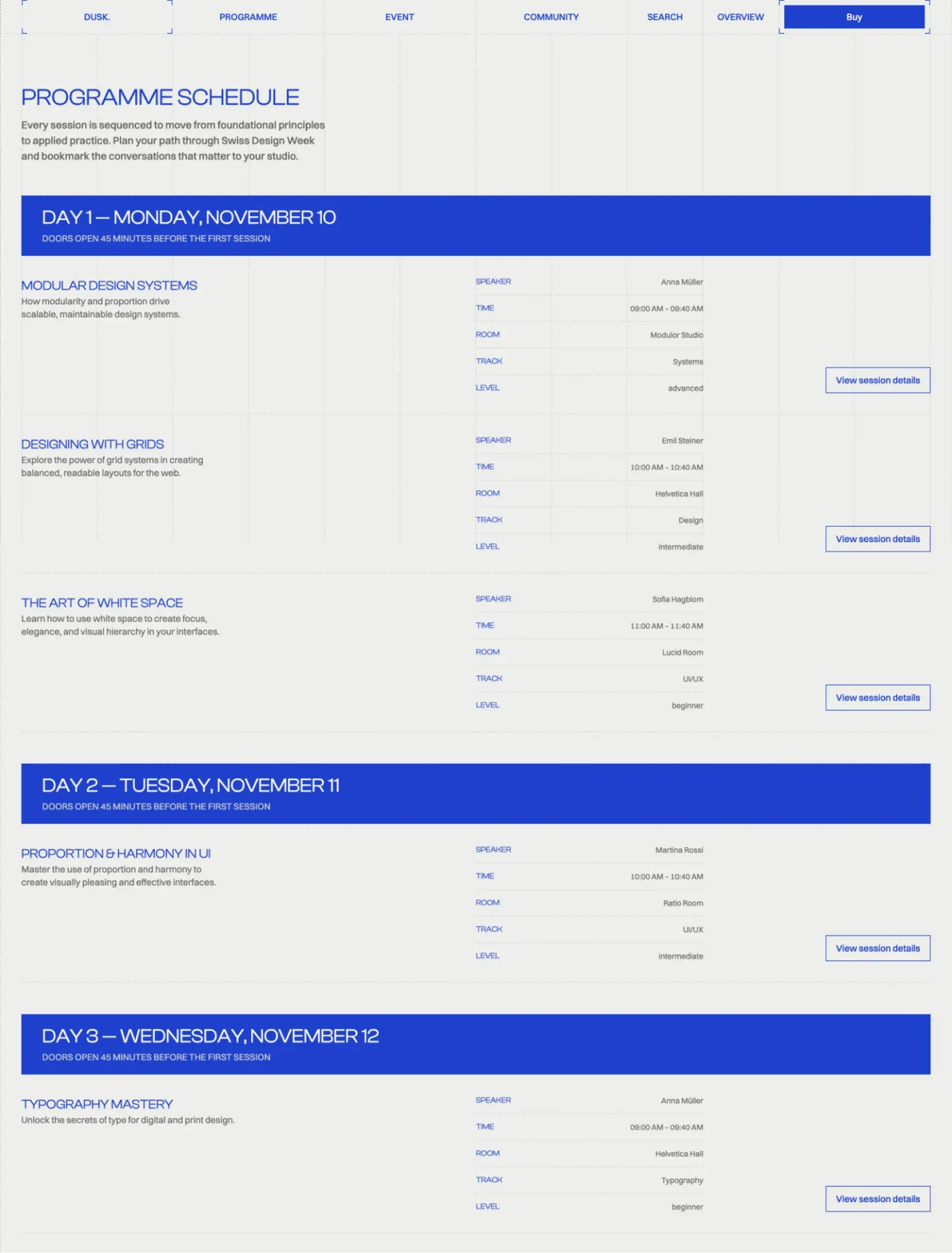 Dusk programme schedule with a cobalt bar for each day and every session's speaker, time, room, track and level
