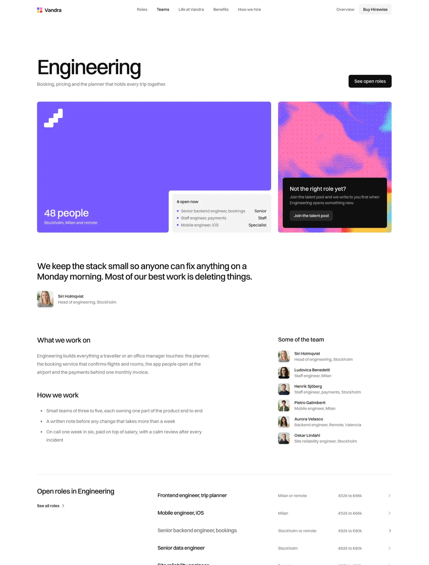 Hirewise engineering team page with the team card and its newest roles, a talent pool card, a quote from the head of engineering and the people on the team