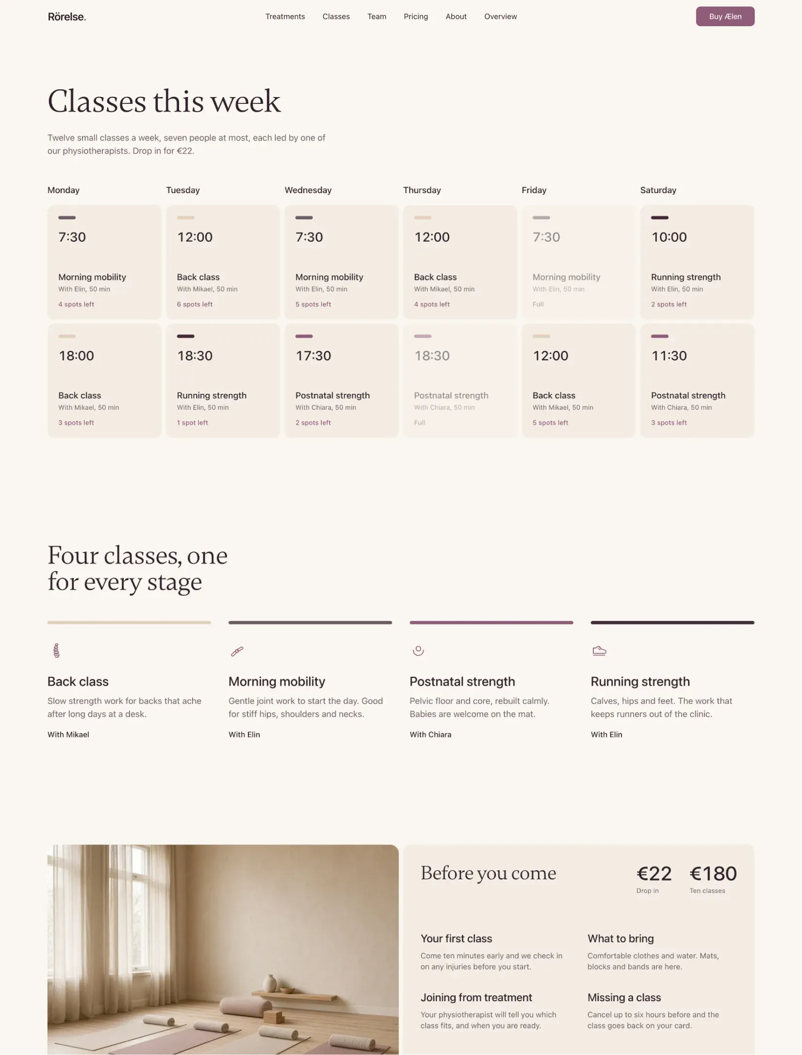 Ælen classes page with the week from Monday to Saturday in tiles with times, teachers and spots left, the four class types and what to know before you come