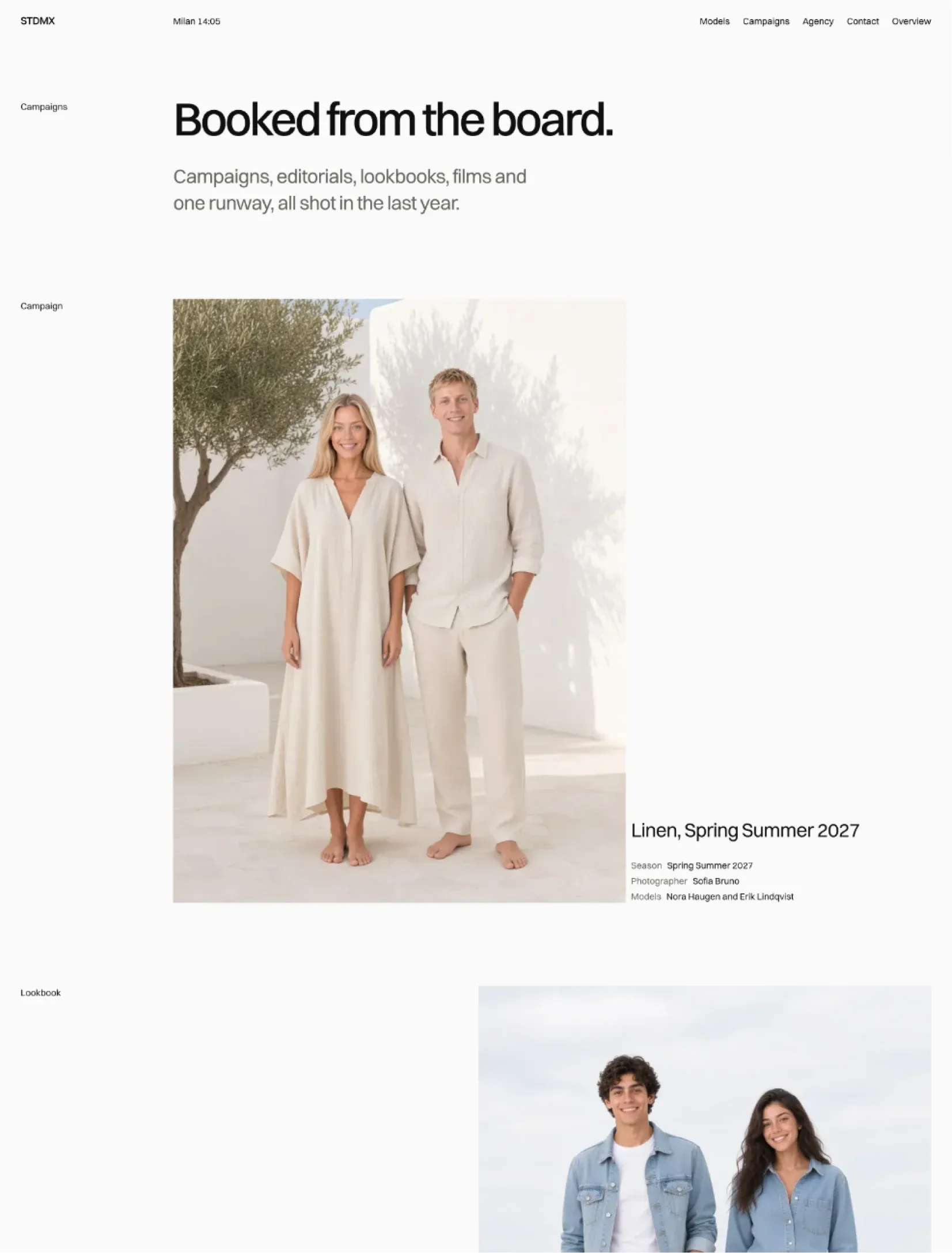 Studiomax campaigns index with the Linen Spring Summer 2027 campaign cover, its season, photographer and models