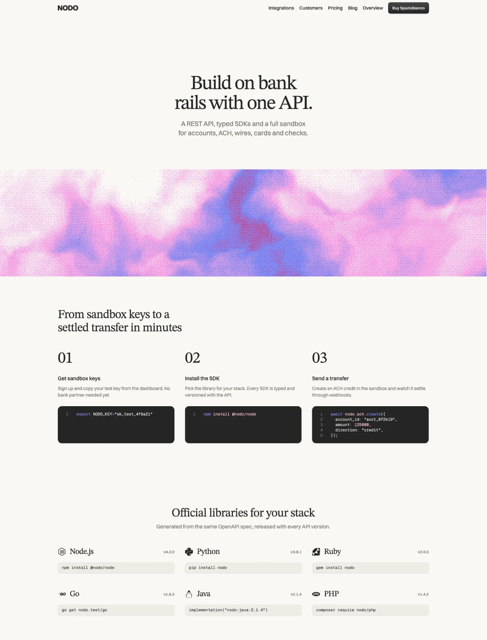 Spaziobianco developers page with a full bleed shader, quickstart steps and SDK libraries