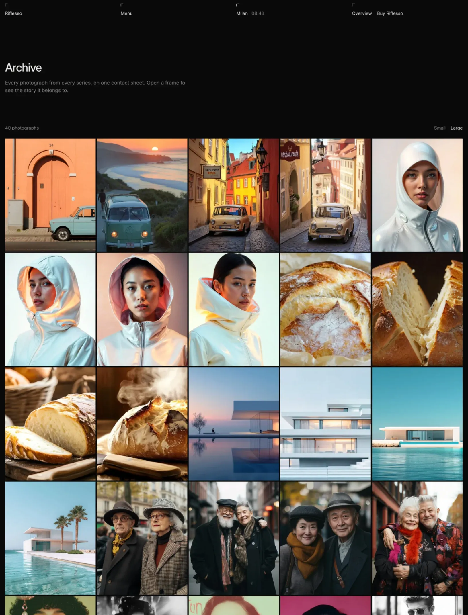 Riflesso archive with every photograph from every series on one dense contact sheet, with a Small and Large toggle