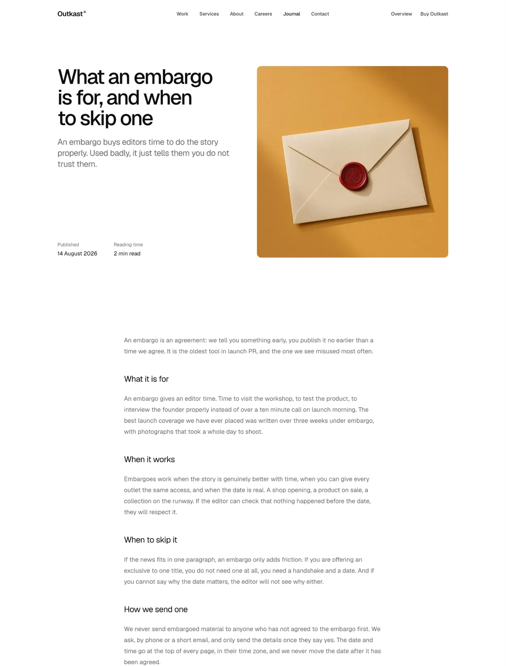 Outkast journal note on embargoes with its title beside a sealed envelope photo, the publish date, reading time and the article
