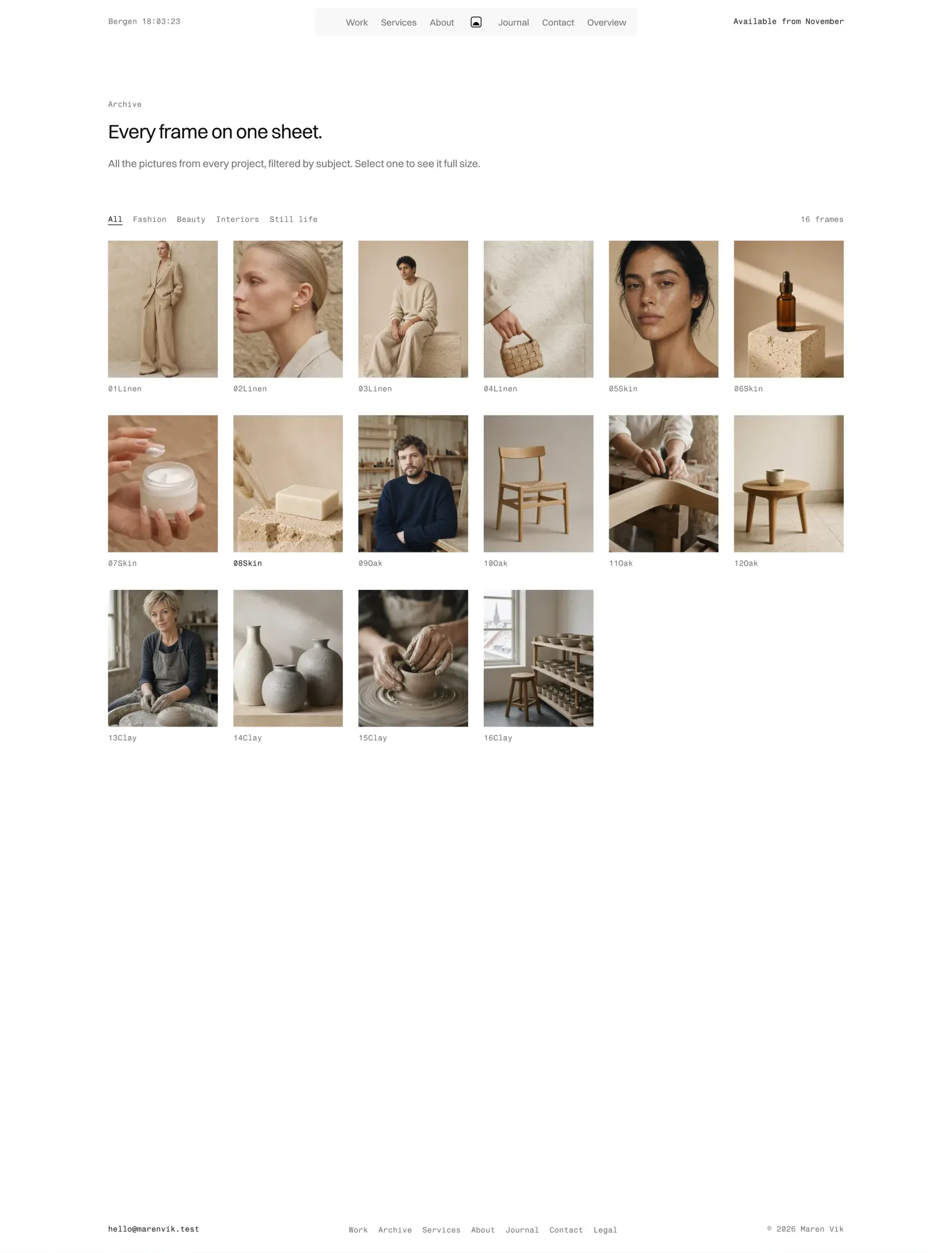 Semplice archive with every frame on one contact sheet and subject filters