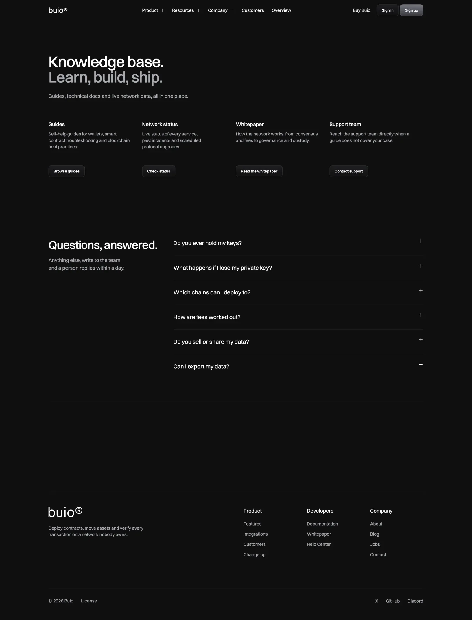 Buio knowledge base with guides, network status, whitepaper and support, and the FAQ below