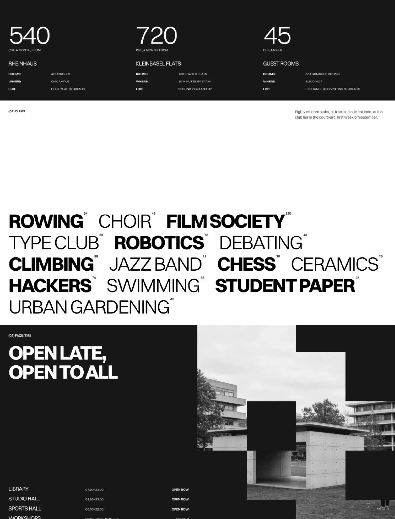 Gerstner campus life page with housing prices, a type cloud of student clubs and facility opening hours