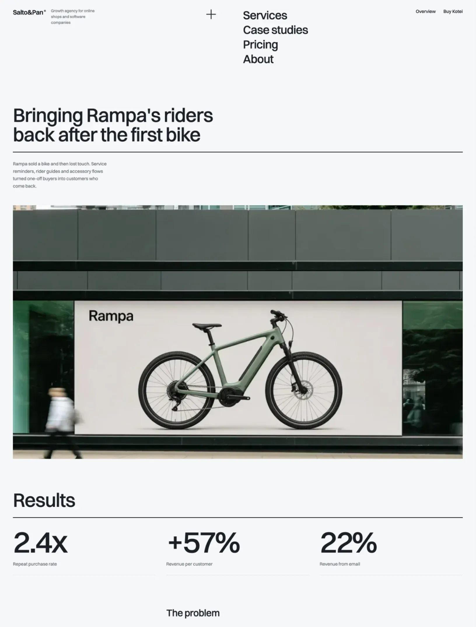 Kotei case study for Rampa, an electric bike brand, with a billboard cover photo and results of 2.4x, plus 57% and 22%