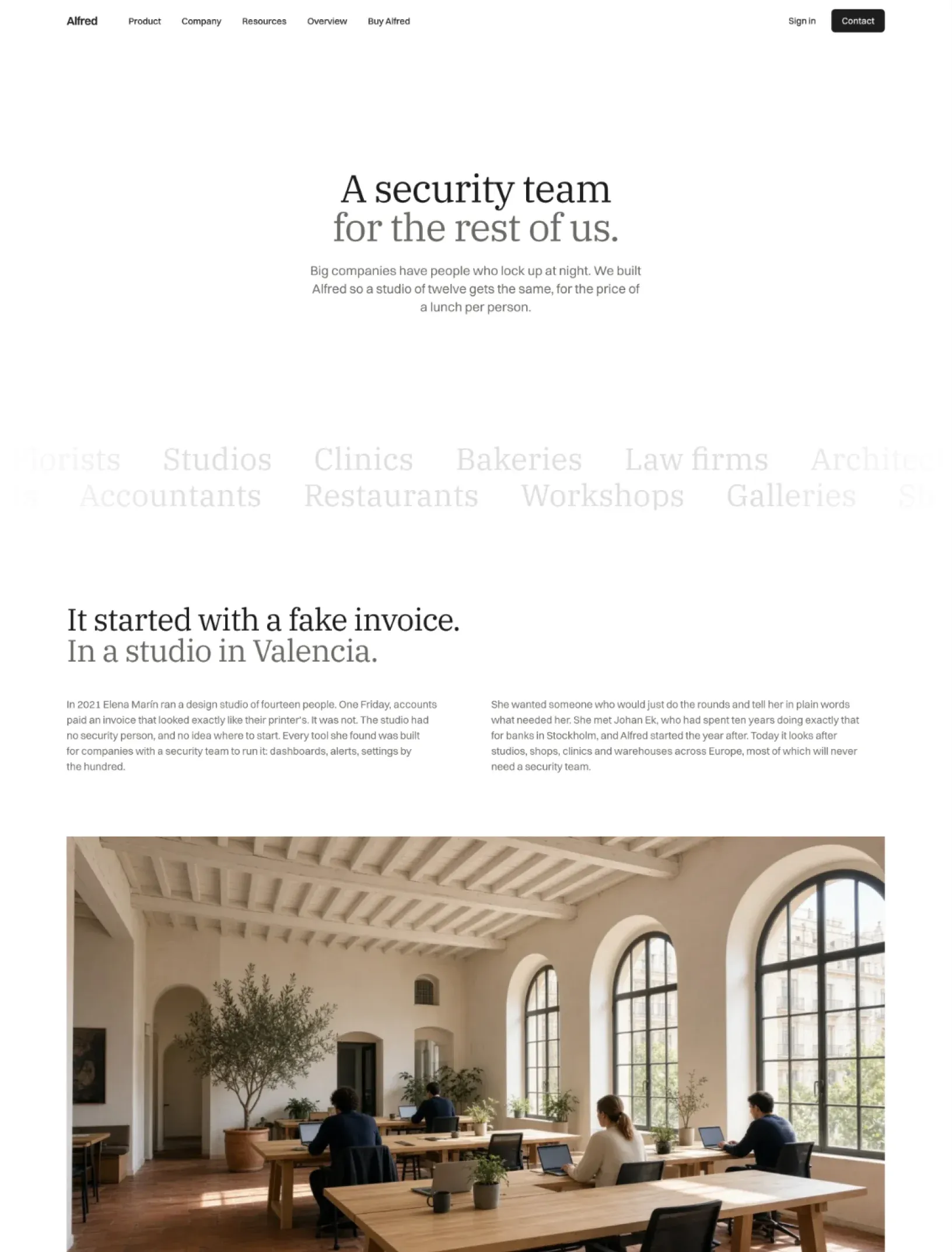 Alfred about page with A security team for the rest of us, a marquee of company types, the founding story and a photo of the Valencia studio