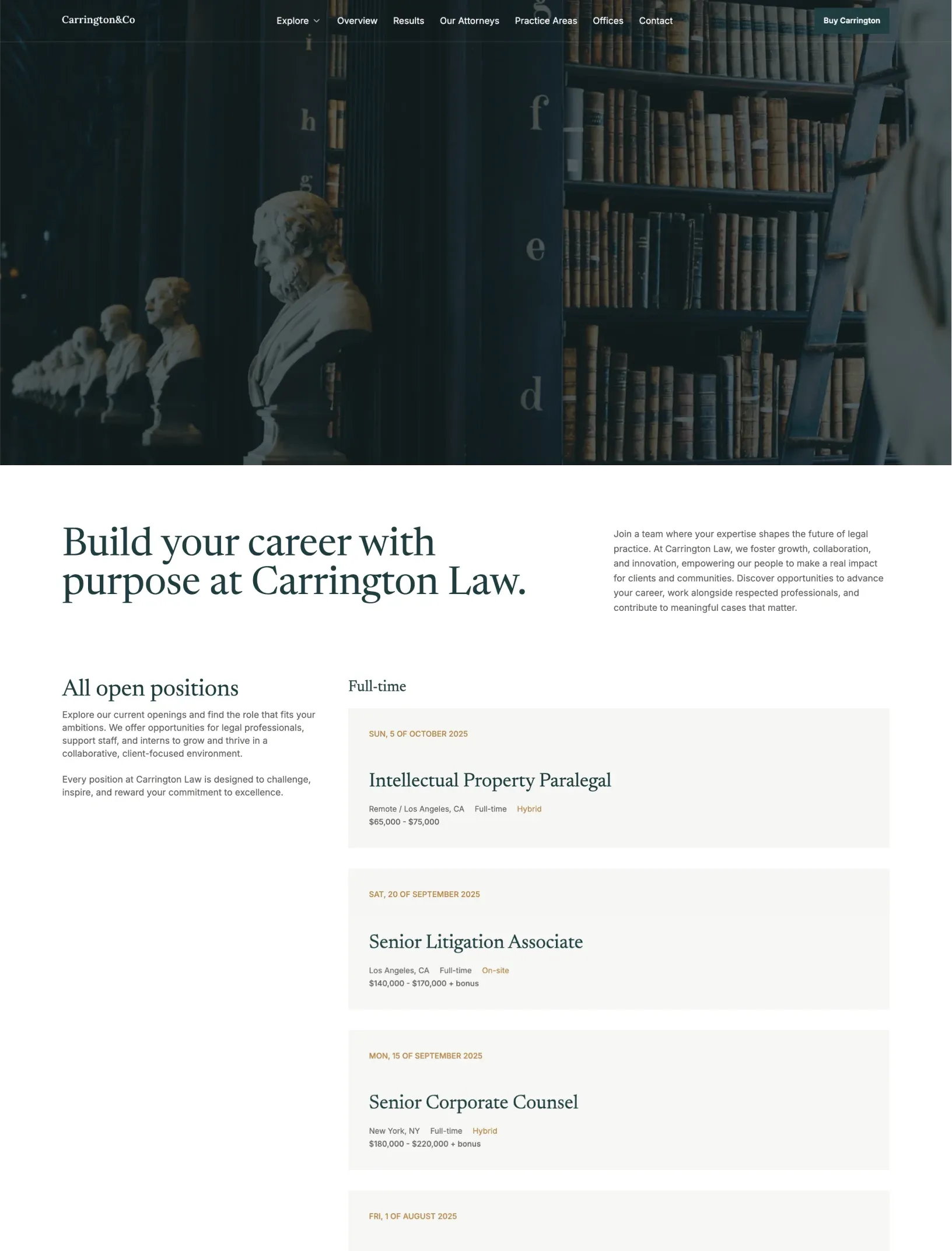 Carrington careers page with a law library hero and open position cards