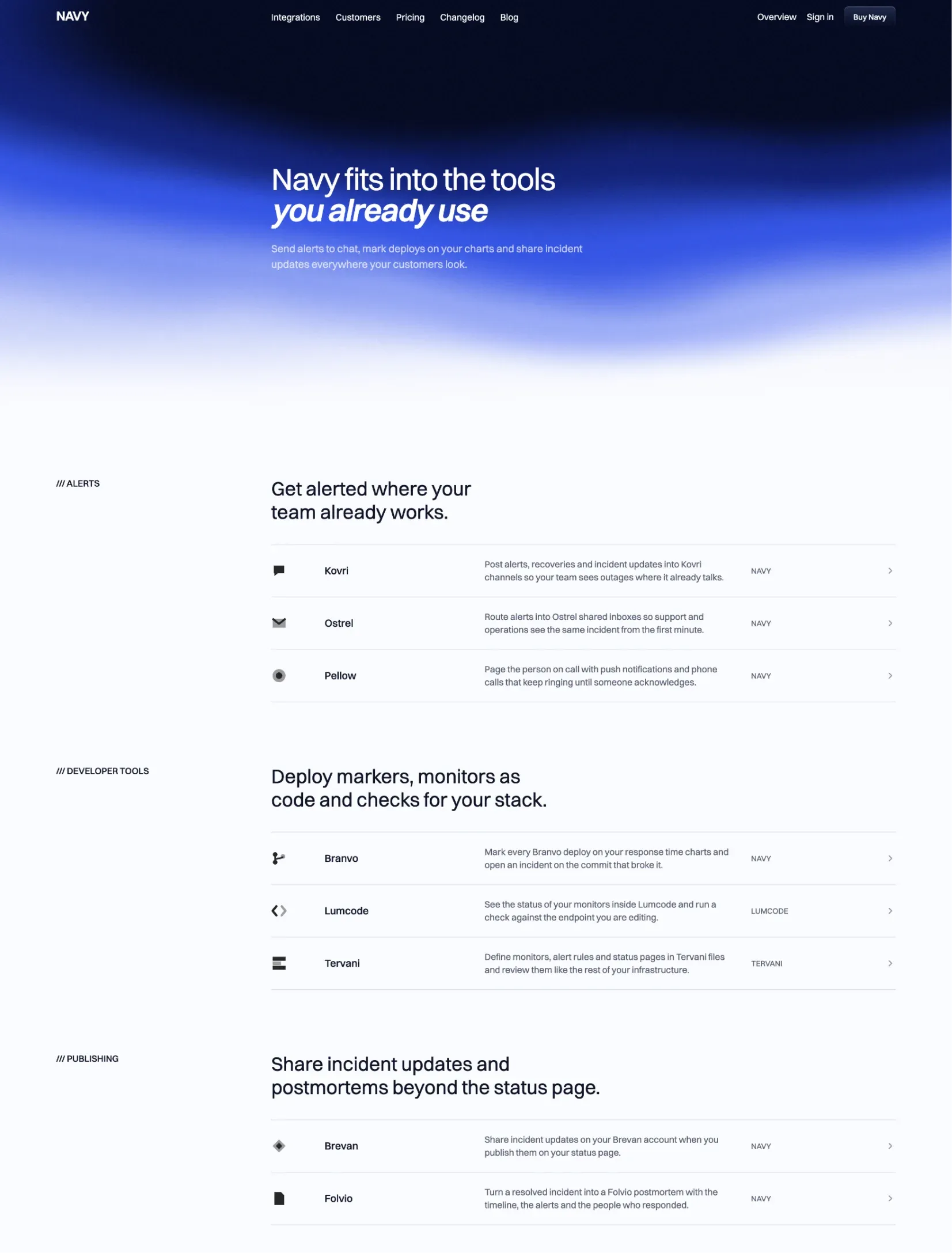 Navy integrations directory with every tool in hairline rows grouped by alerts, developer tools and publishing
