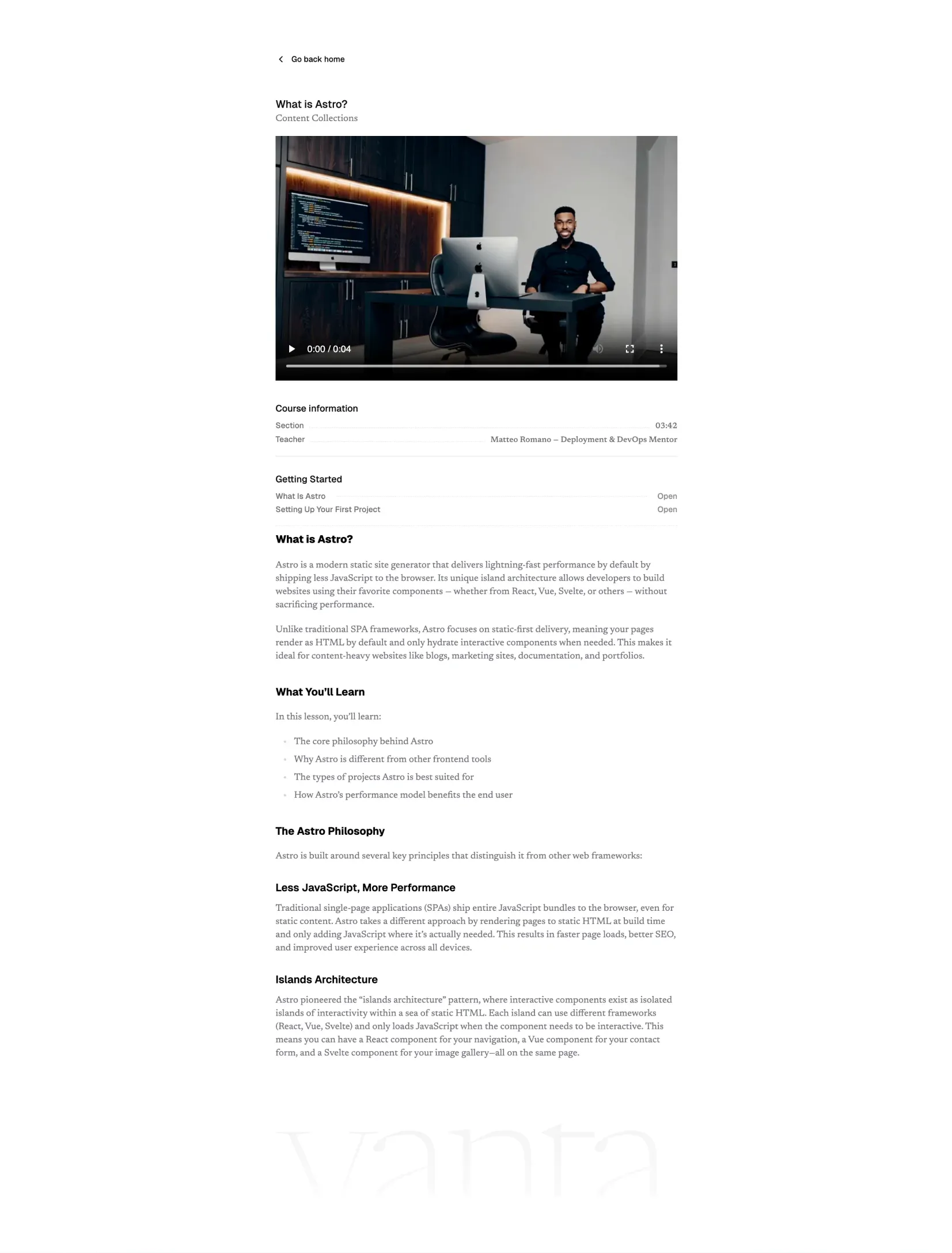 Vanta teacher profile page