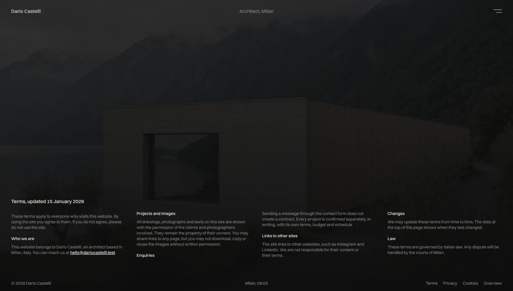 Flaco terms page in small print, in four columns over a project photograph
