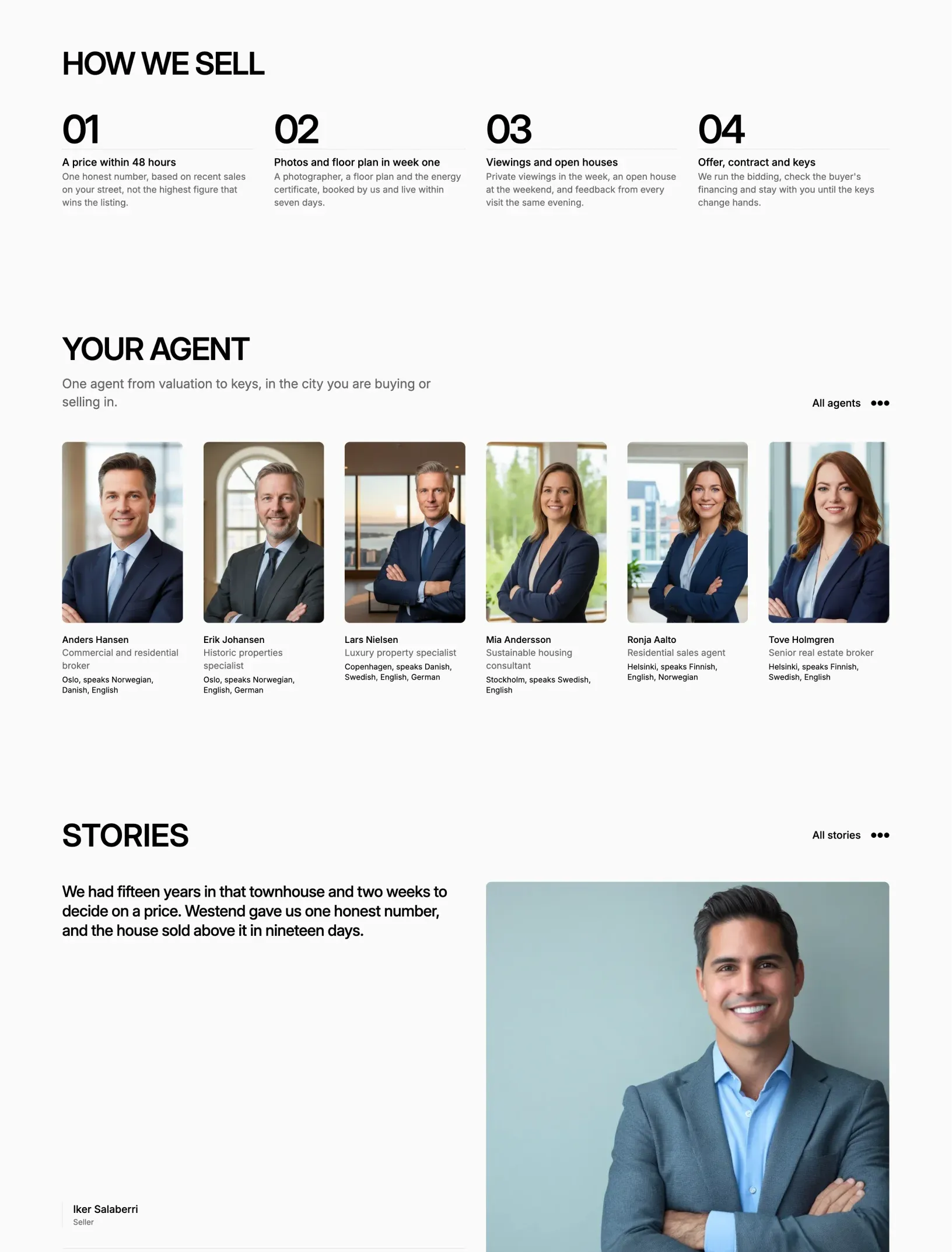 Westend home sections: four selling steps, the agent row and a seller story