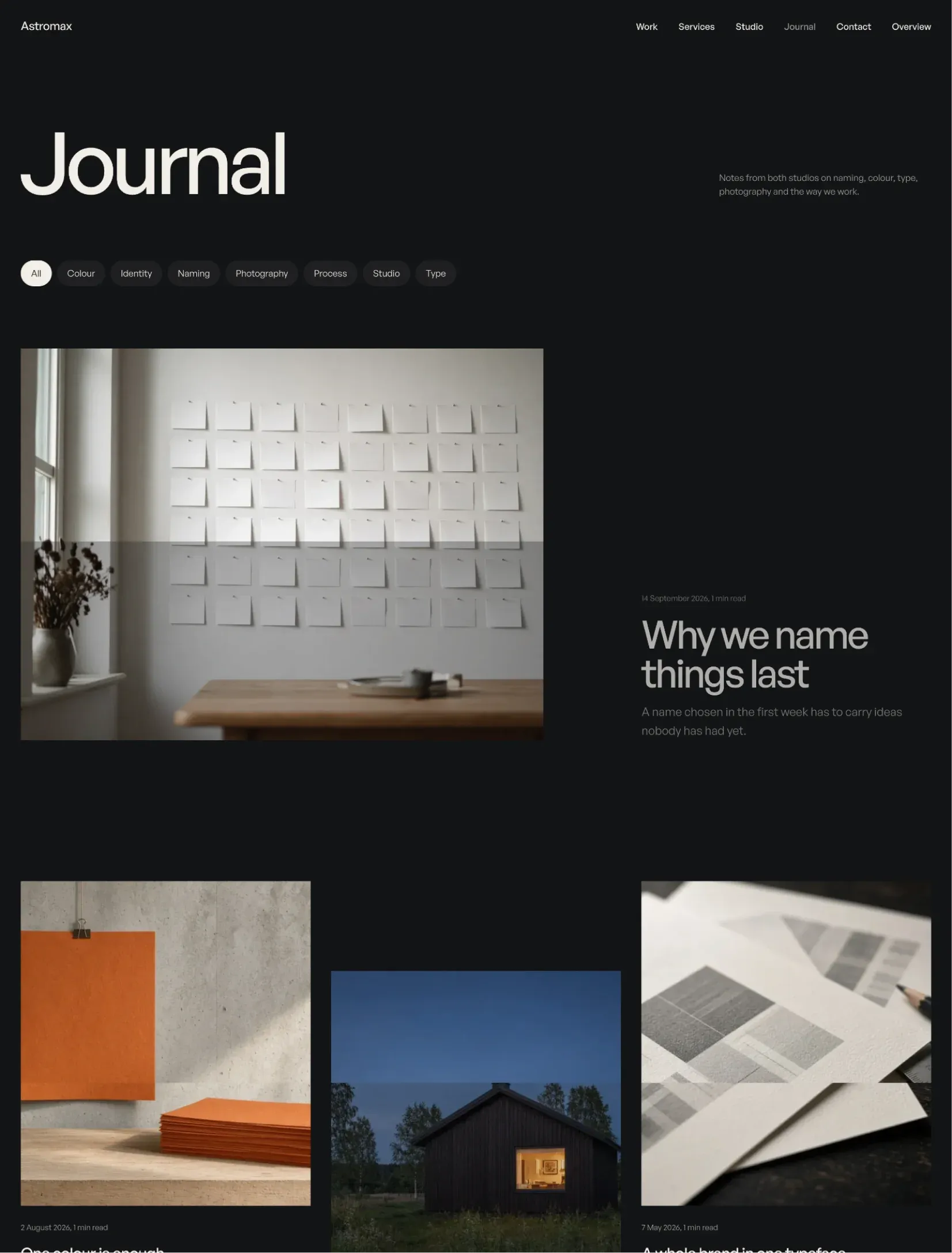 Astromax SP journal with the tags, the latest post large beside its photograph and the next posts in a staggered grid