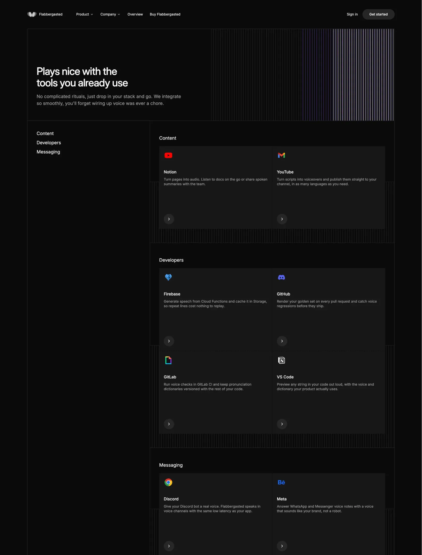 Flabbergasted integrations directory with a sidebar for content, developers and messaging, and integration cards in each group