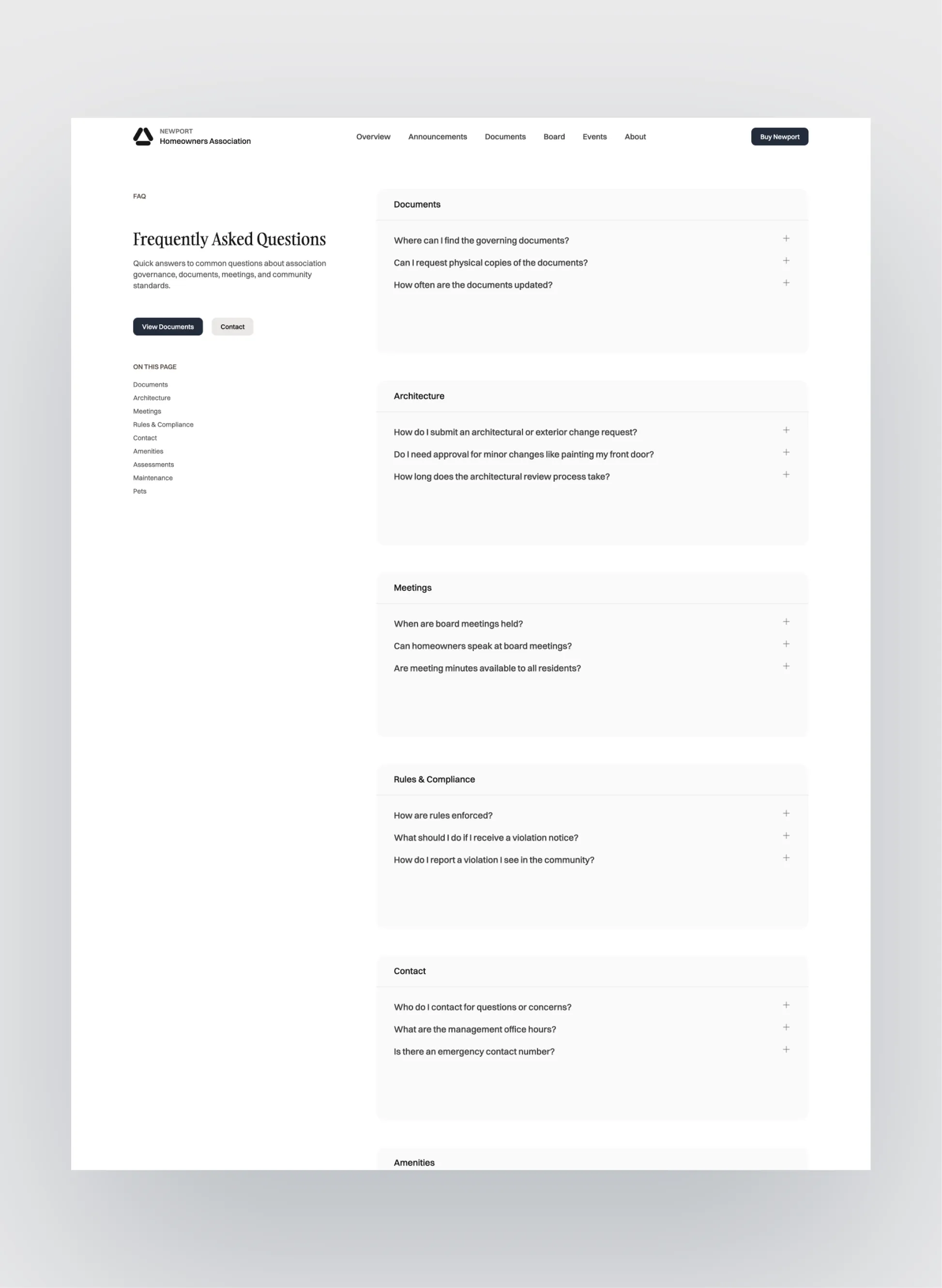 Newport homeowners association homepage hero section