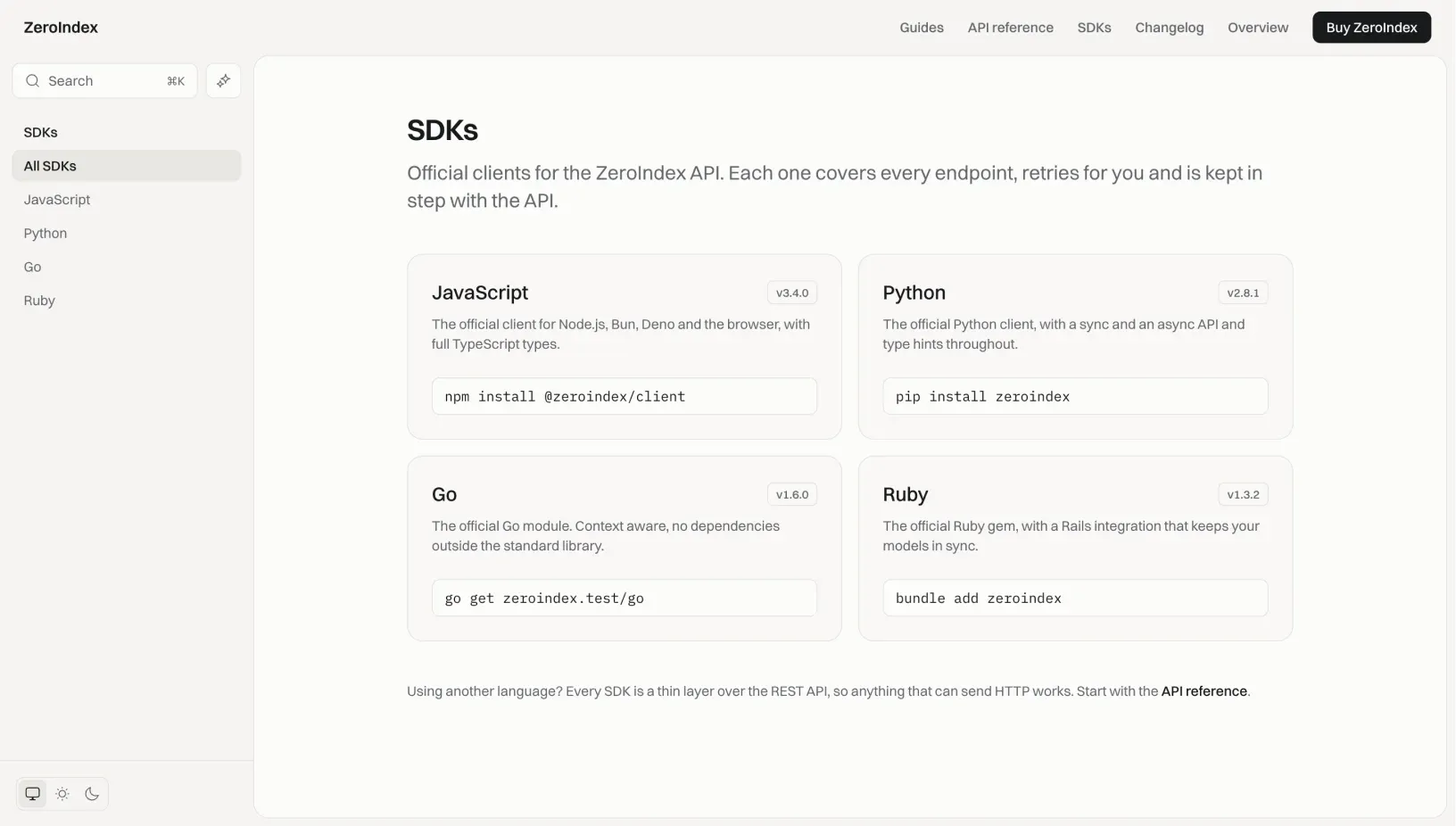 ZeroIndex SDKs index with JavaScript, Python, Go and Ruby cards, each with its version and install command
