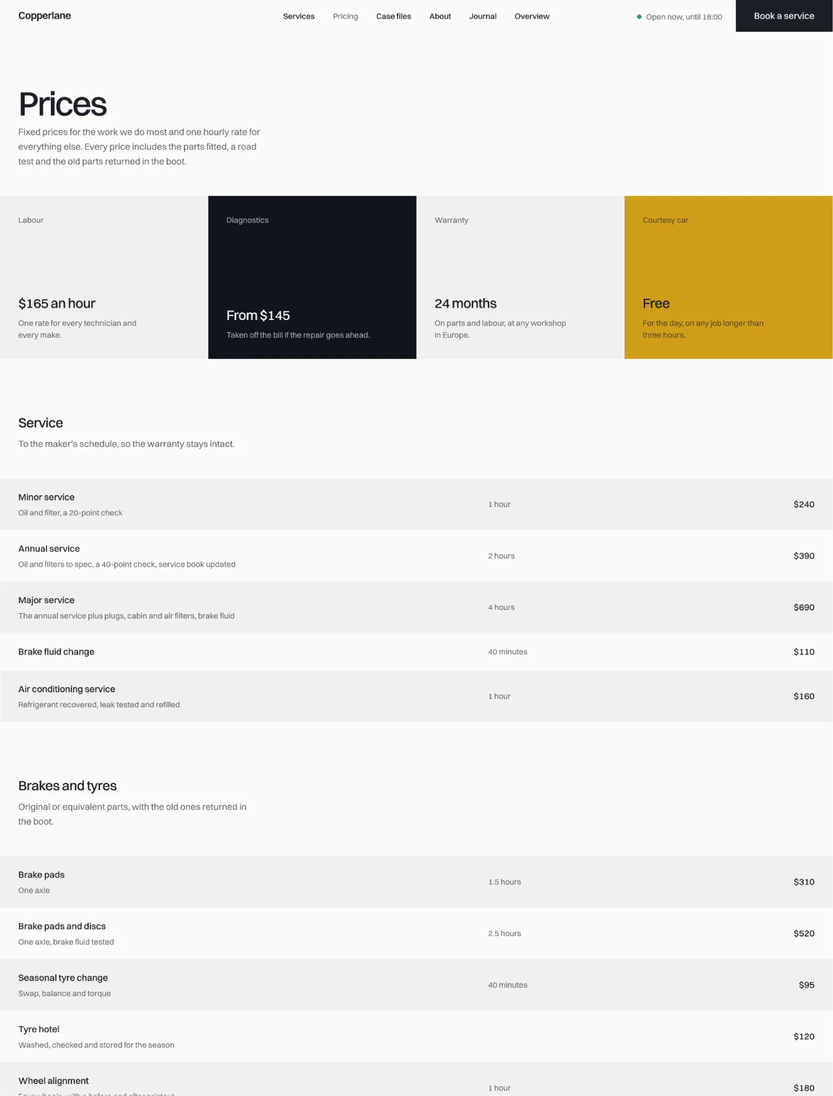 Copperlane price list with labour, warranty and fixed prices per job