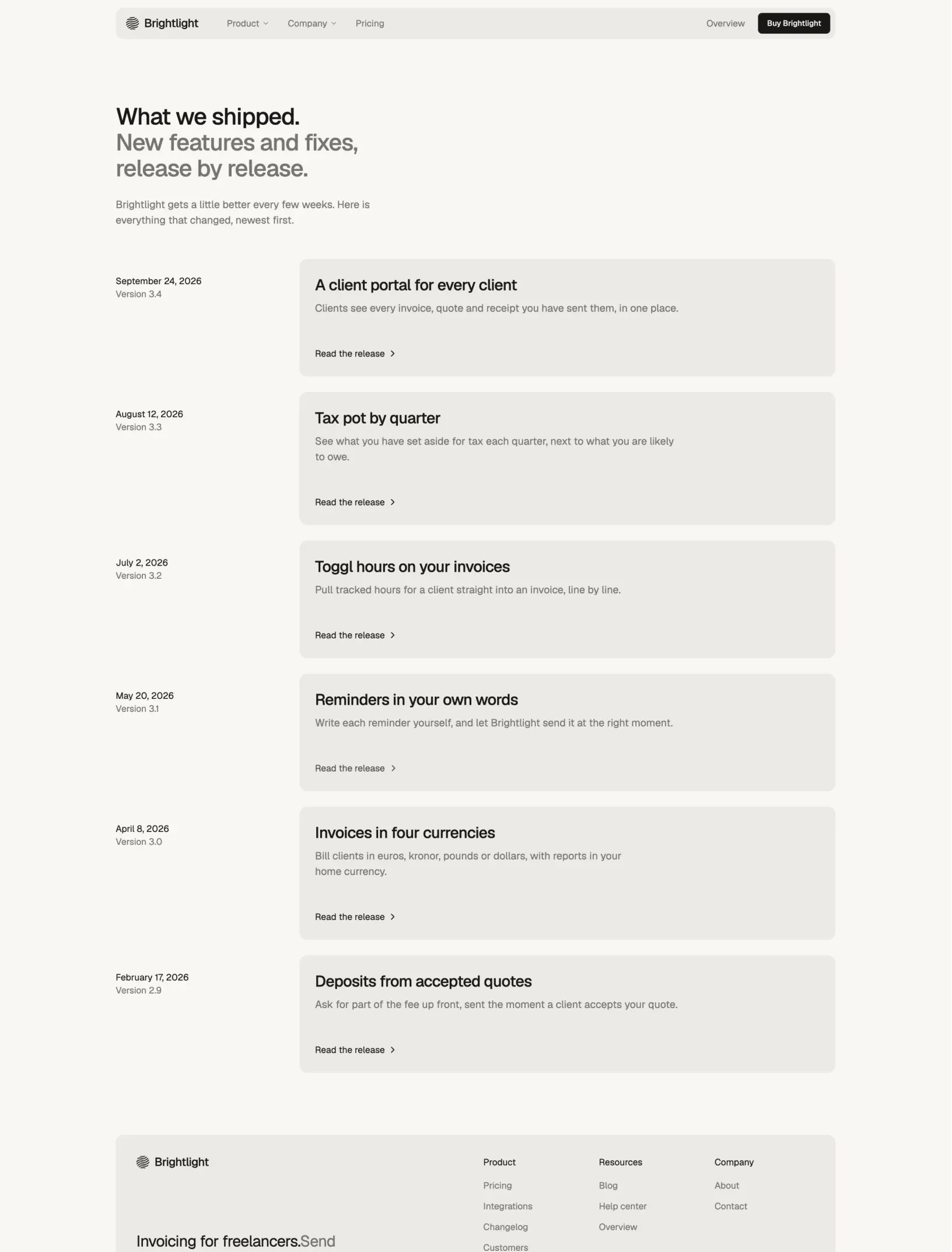 Brightlight changelog with six releases, each with its date, version and a summary card