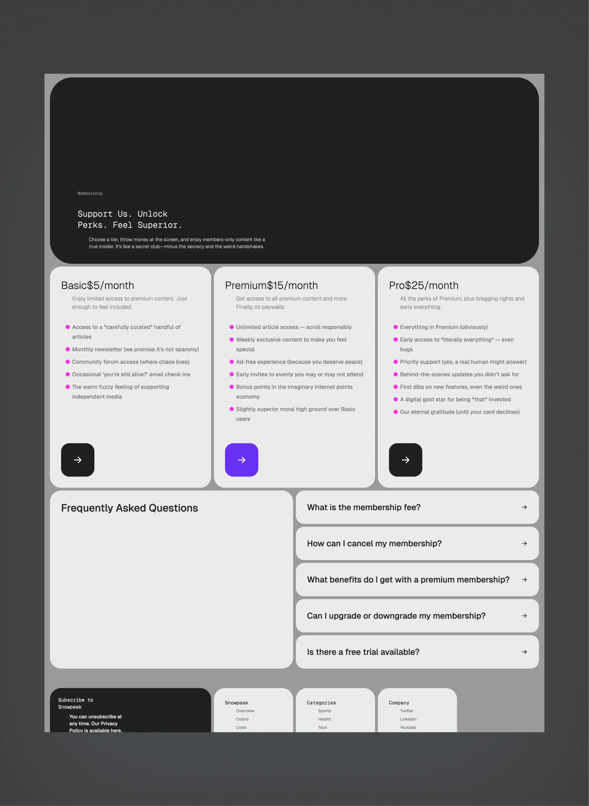 Snowpeak dark-mode grid design