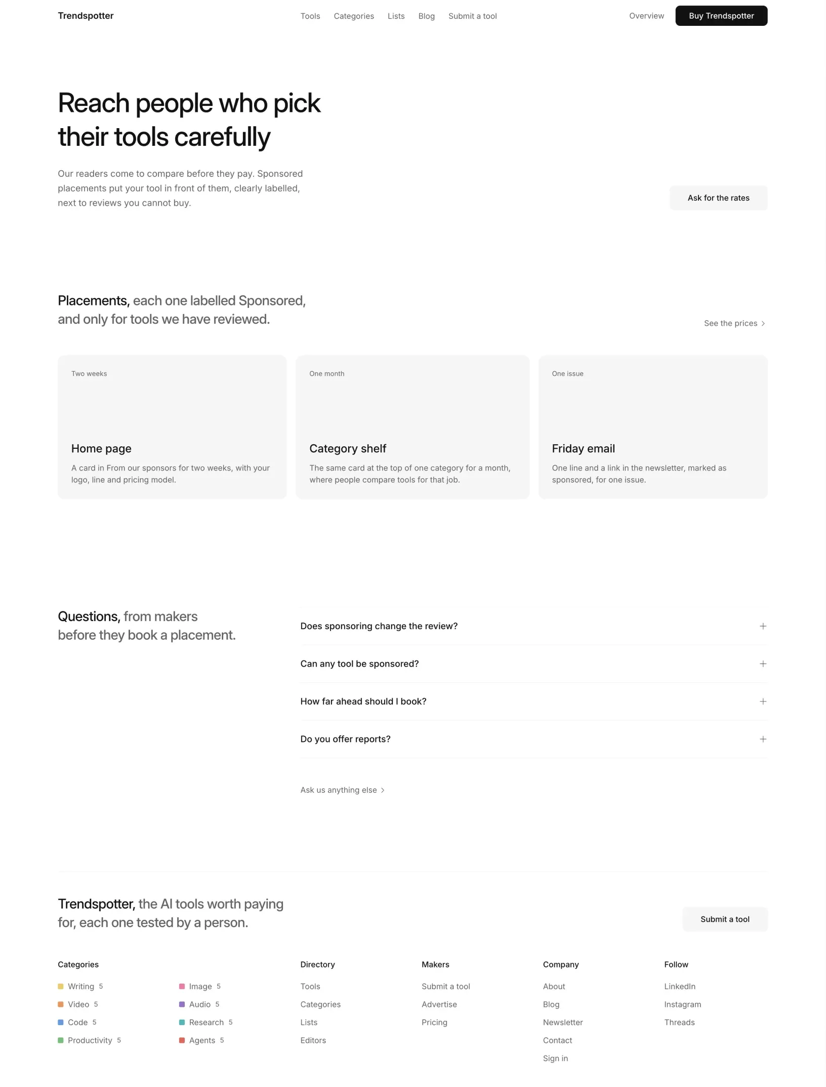 Trendspotter advertise page with three placements, home page, category shelf and Friday email, and questions from makers