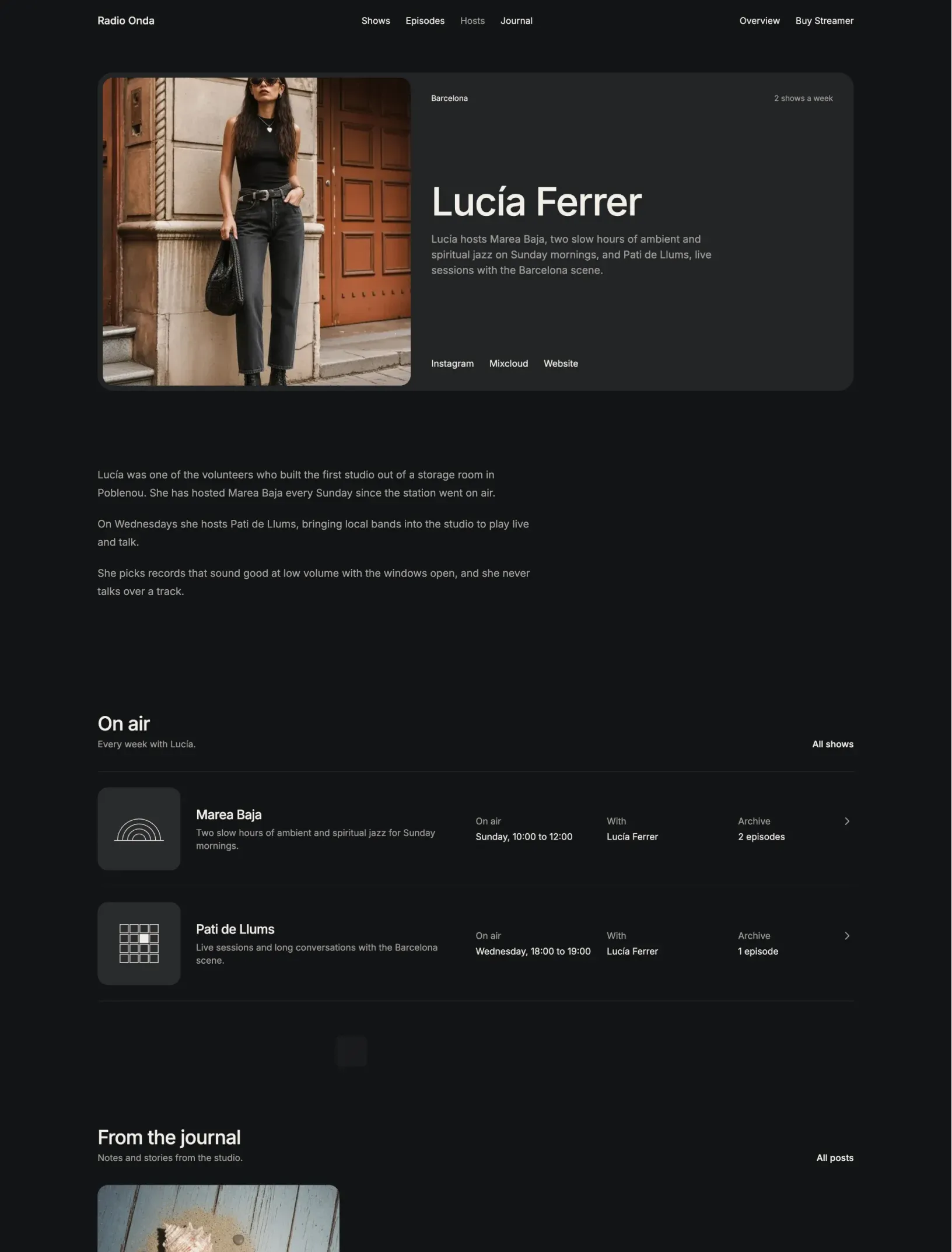 Streamer host page for Lucía Ferrer with a player card holding her portrait, bio and social links, her longer story and her weekly shows as rows