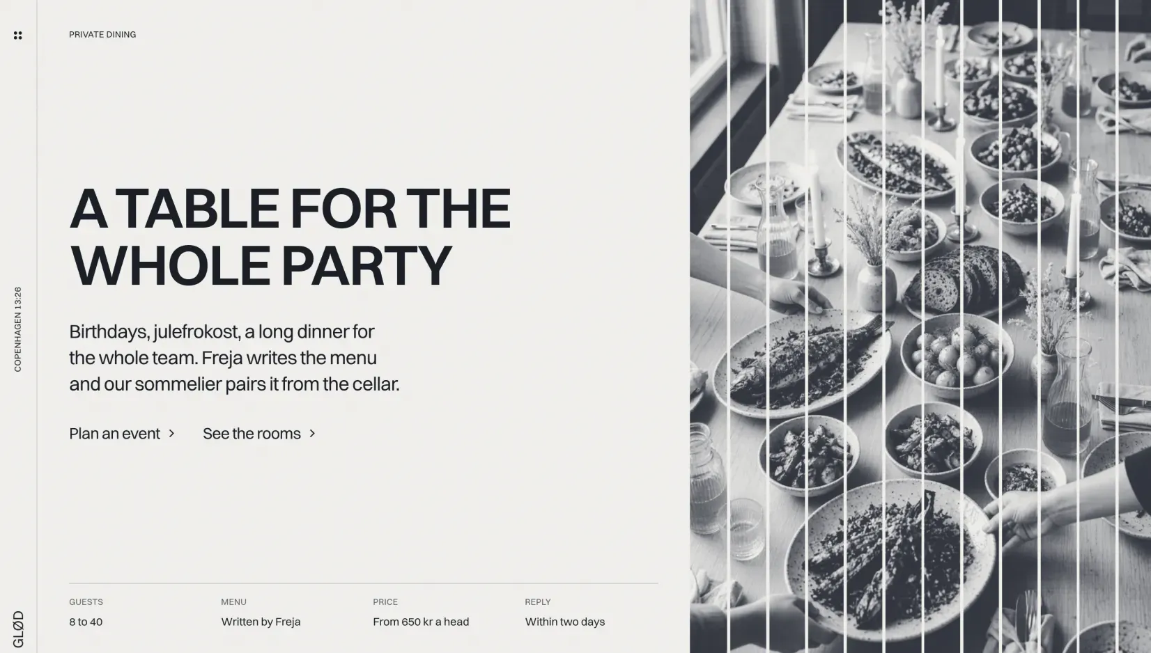 Ottis private dining page with a large headline, event details and a long table photo