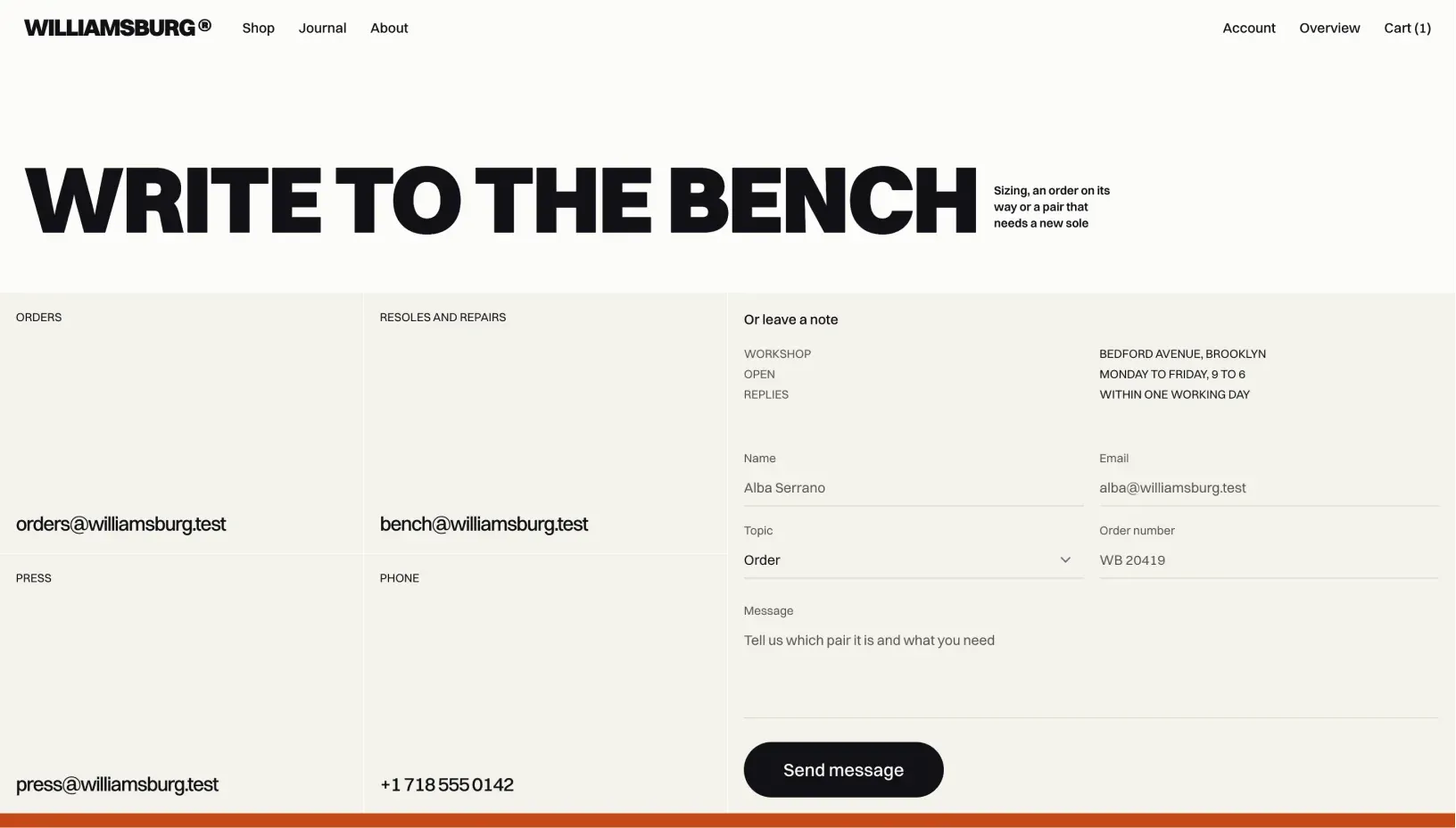 Williamsburg contact page with Write to the bench, tiles for orders, resoles, press and phone, and a note form beside the workshop address, hours and reply time